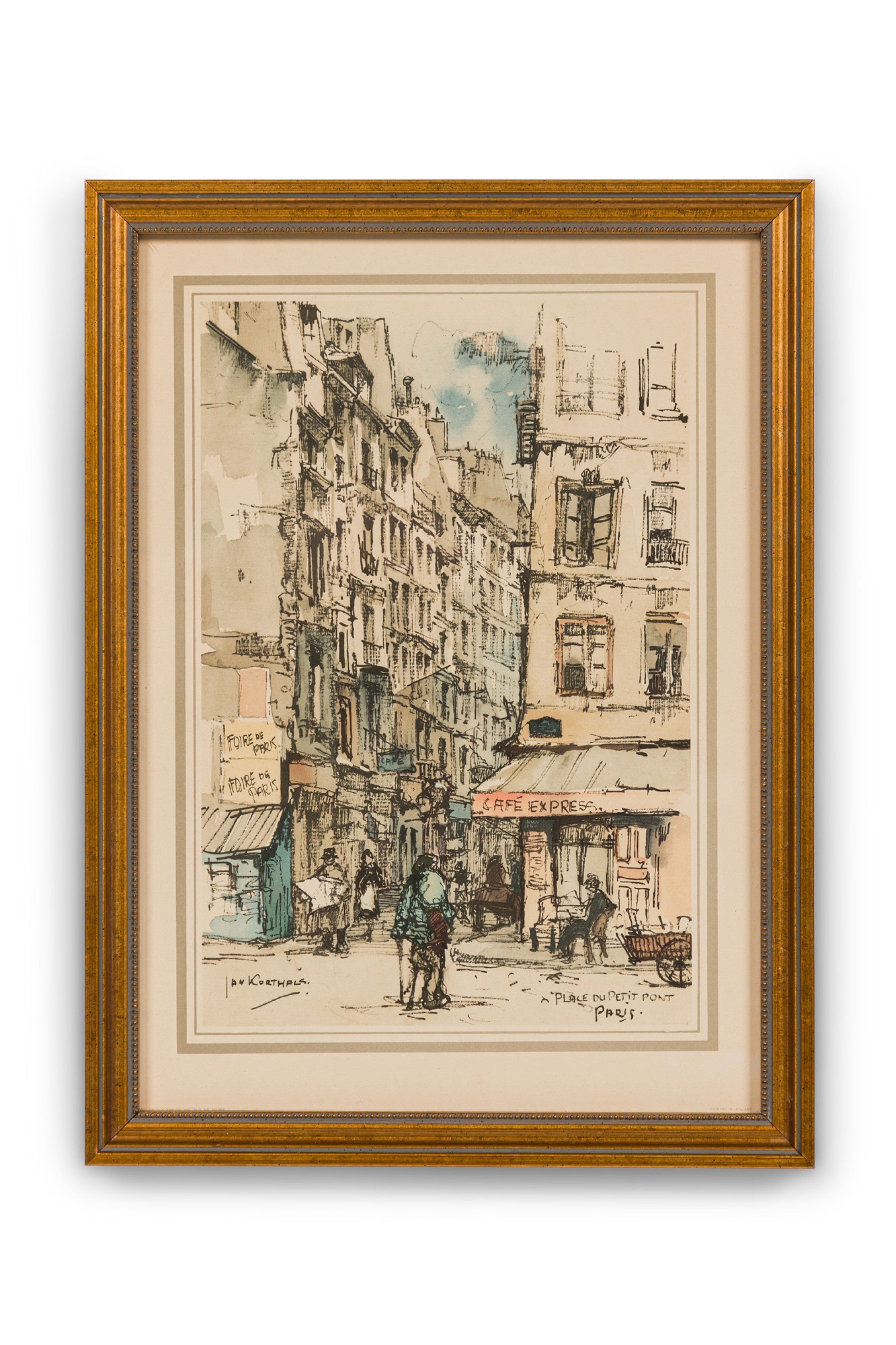 Dutch mid century framed genre scene print of a parisian street place du petite pont paris 