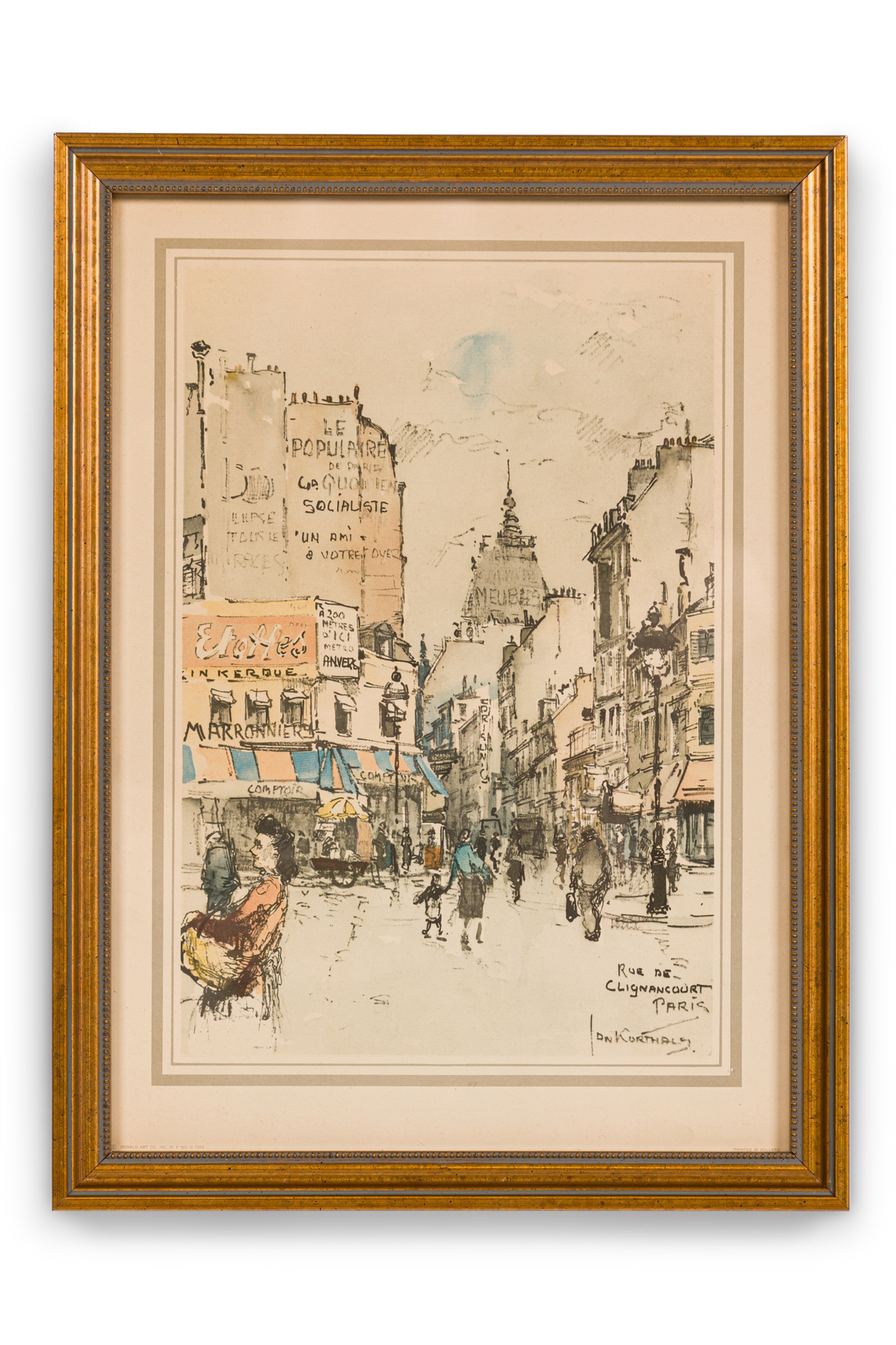 Dutch mid century framed genre scene print of a parisian street rue de clignancourt paris 
