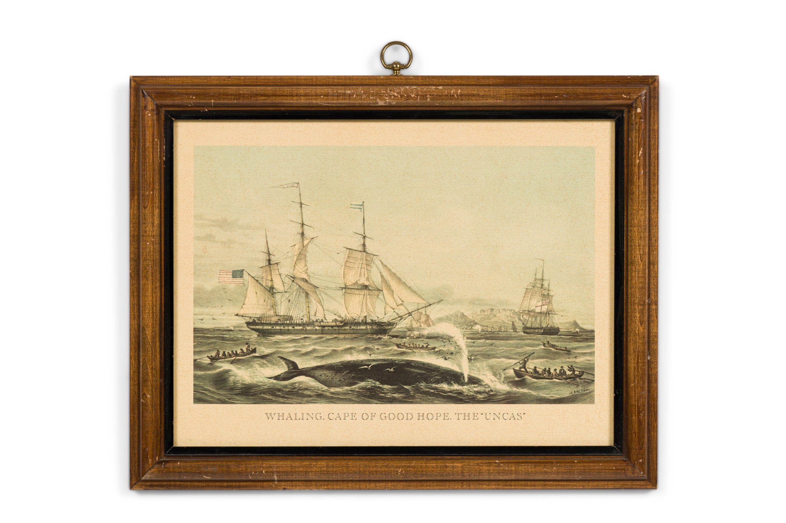 French victorian lithograph of group of boats capturing a whale 