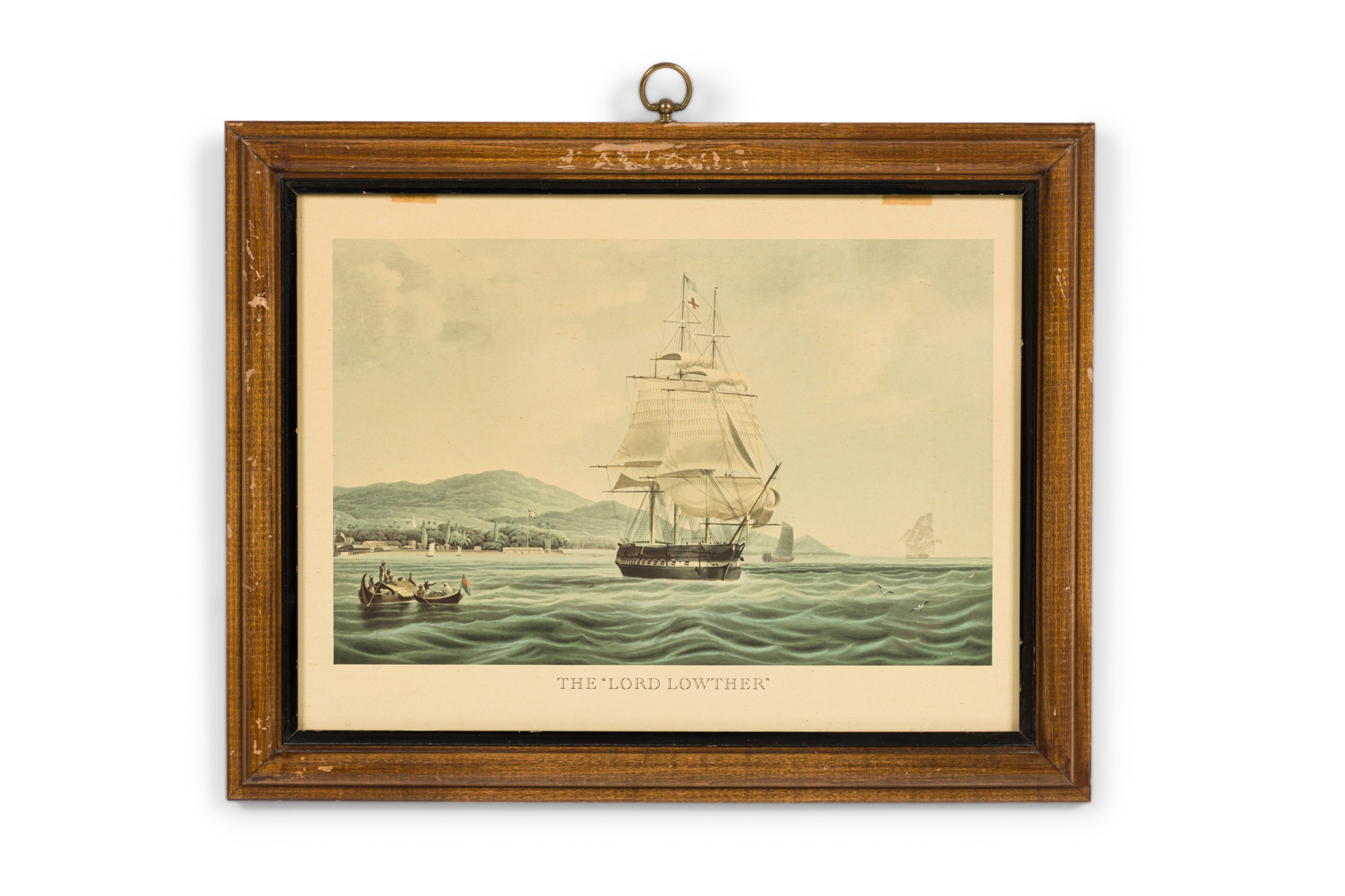 French victorian lithograph of a large boat and two row boats 