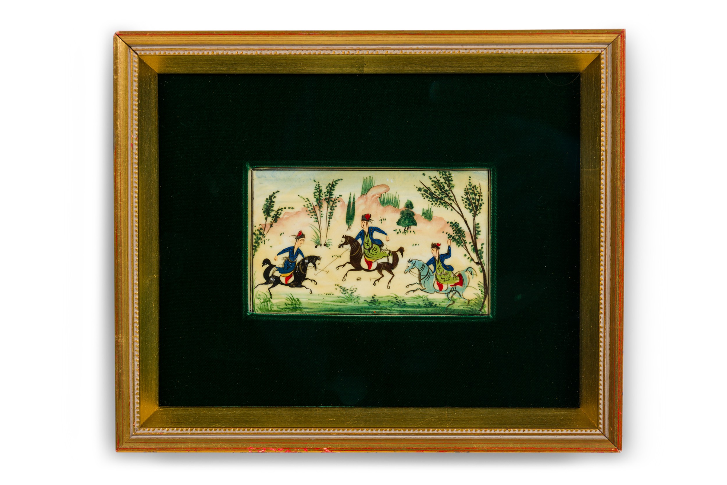 Asian framed print of three people riding horses 