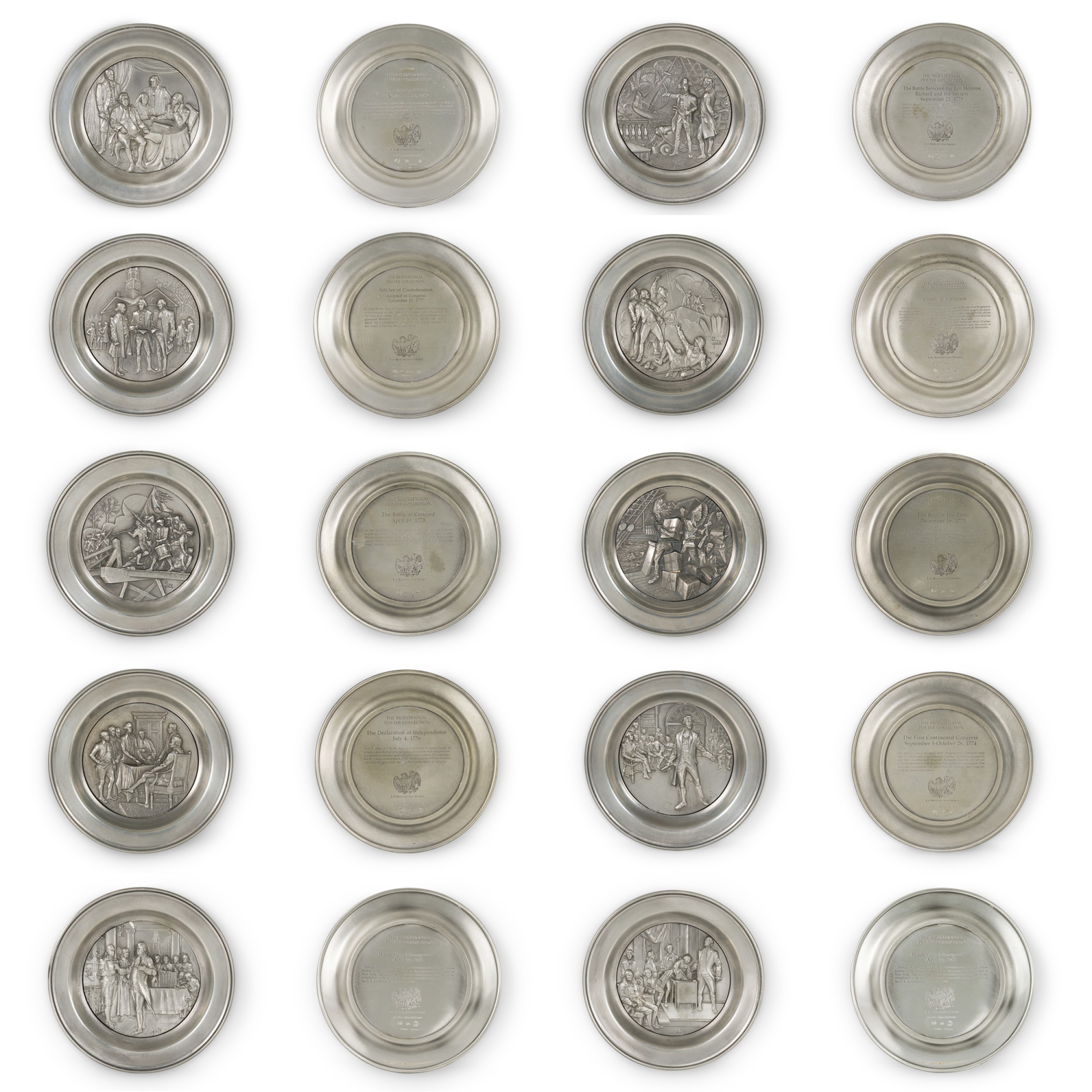 Set of 10 american federal silver bicentennial plates of historical moments 