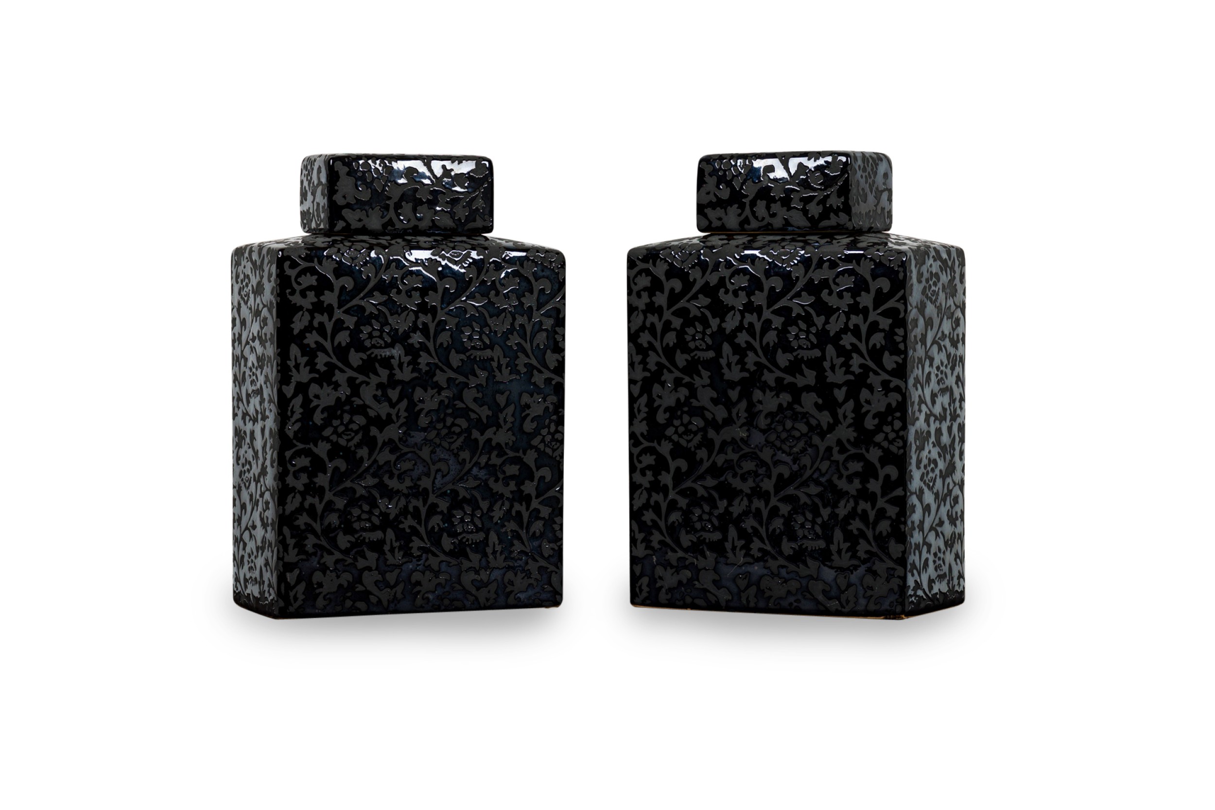 Pair of Asian Contemporary Black and Grey Ceramic Decorative Lidded Jar 