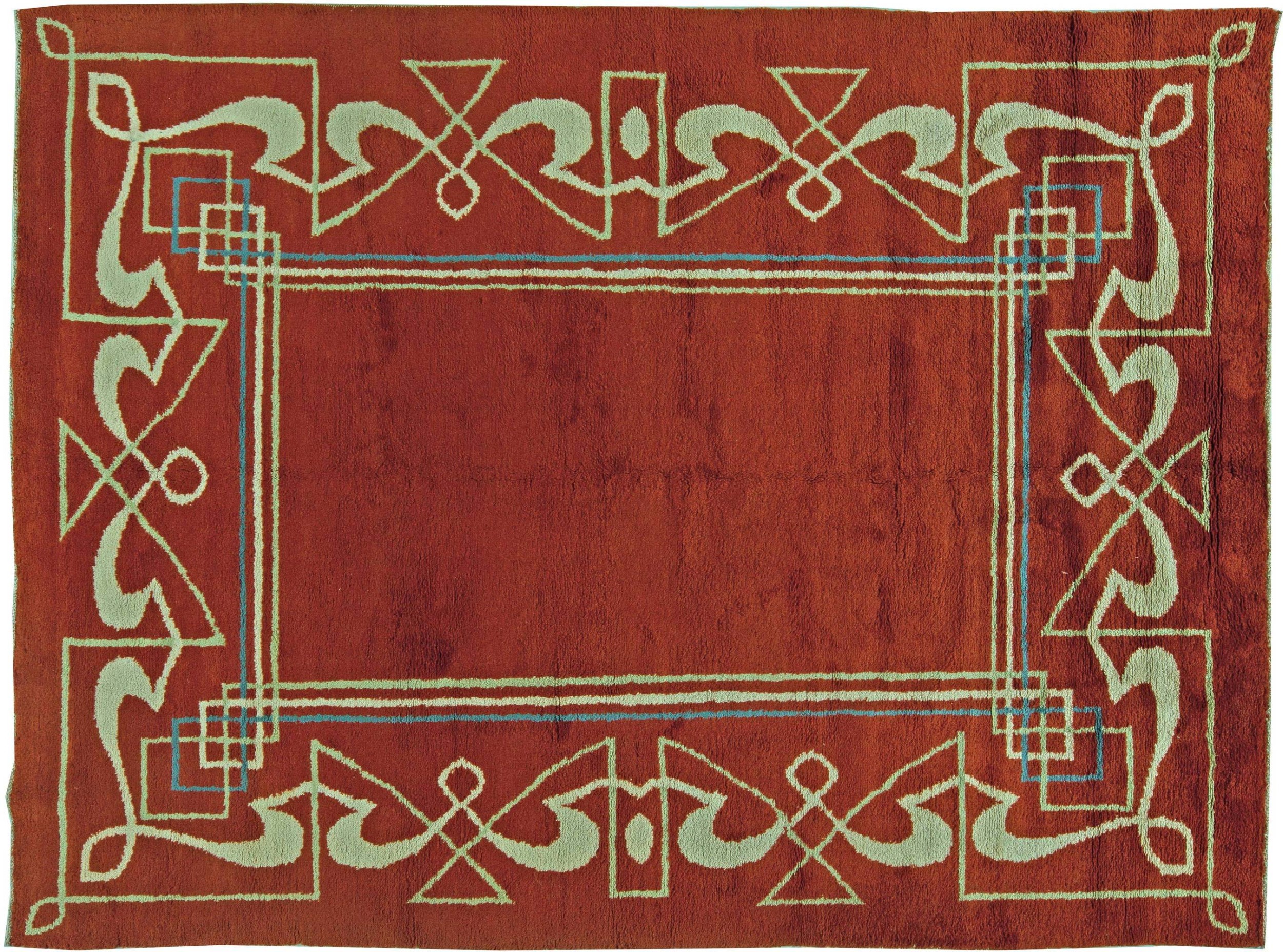 English art deco red and brown homemade wool rug 