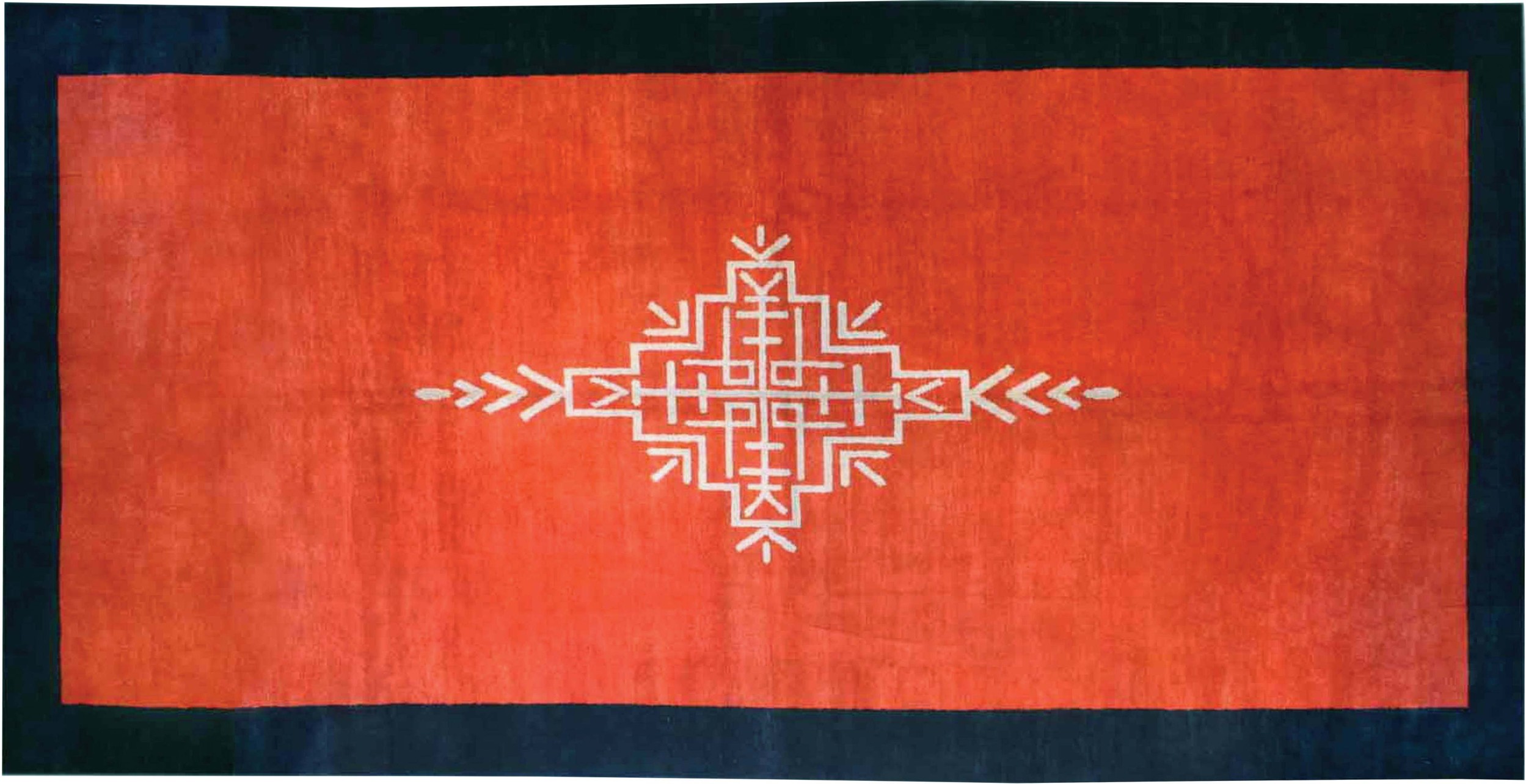 French art deco red rug with navy border 