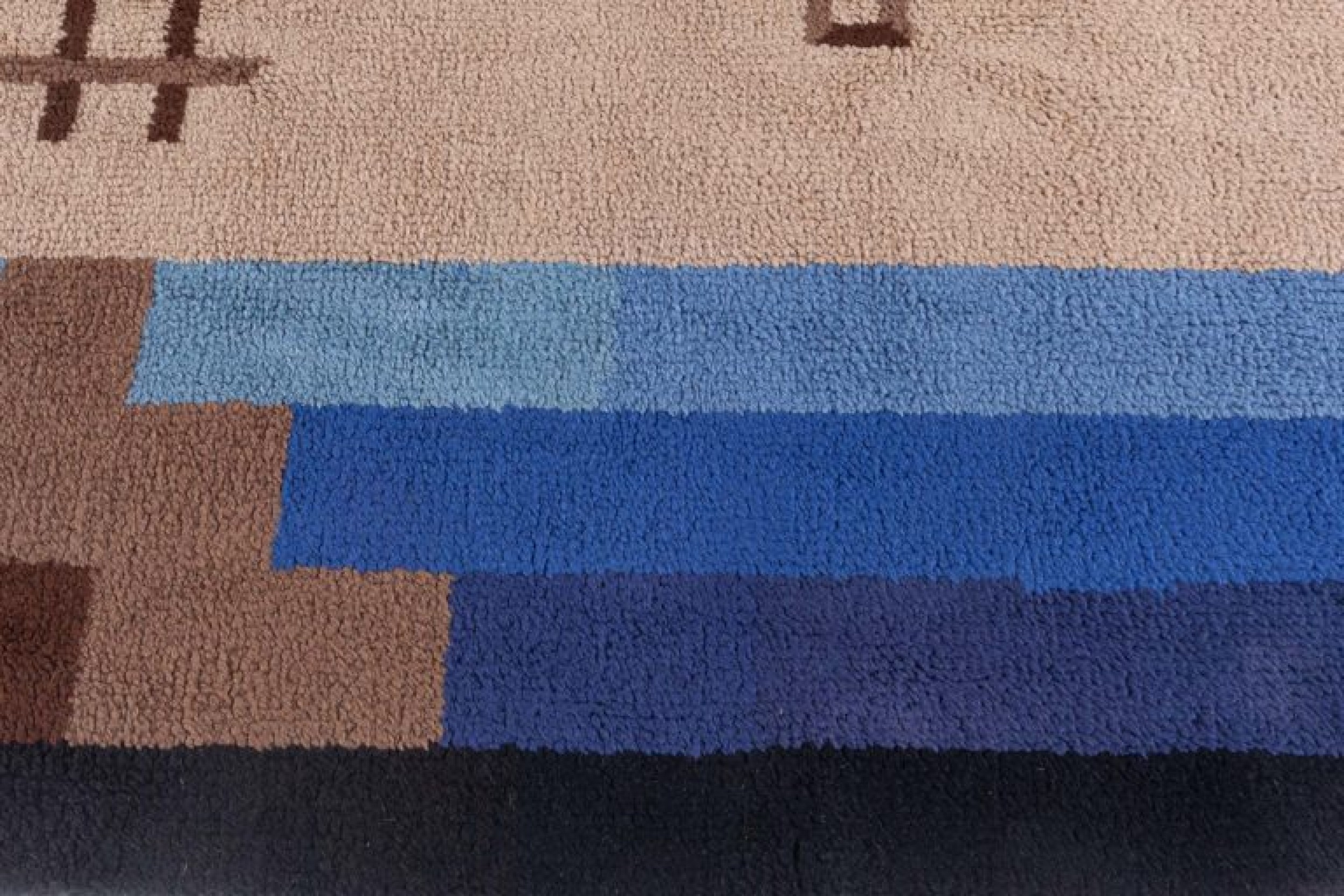 French art deco gold and blue handmade wool rug 