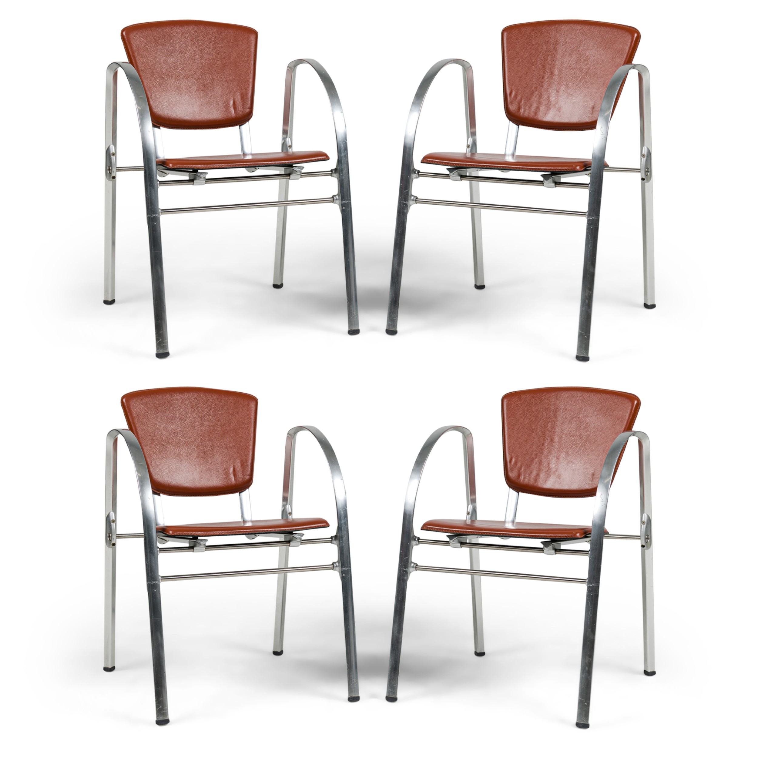 Set of 4 Indecasa Spanish Mid Century Rust Leather and Chrome Arm Chairs  