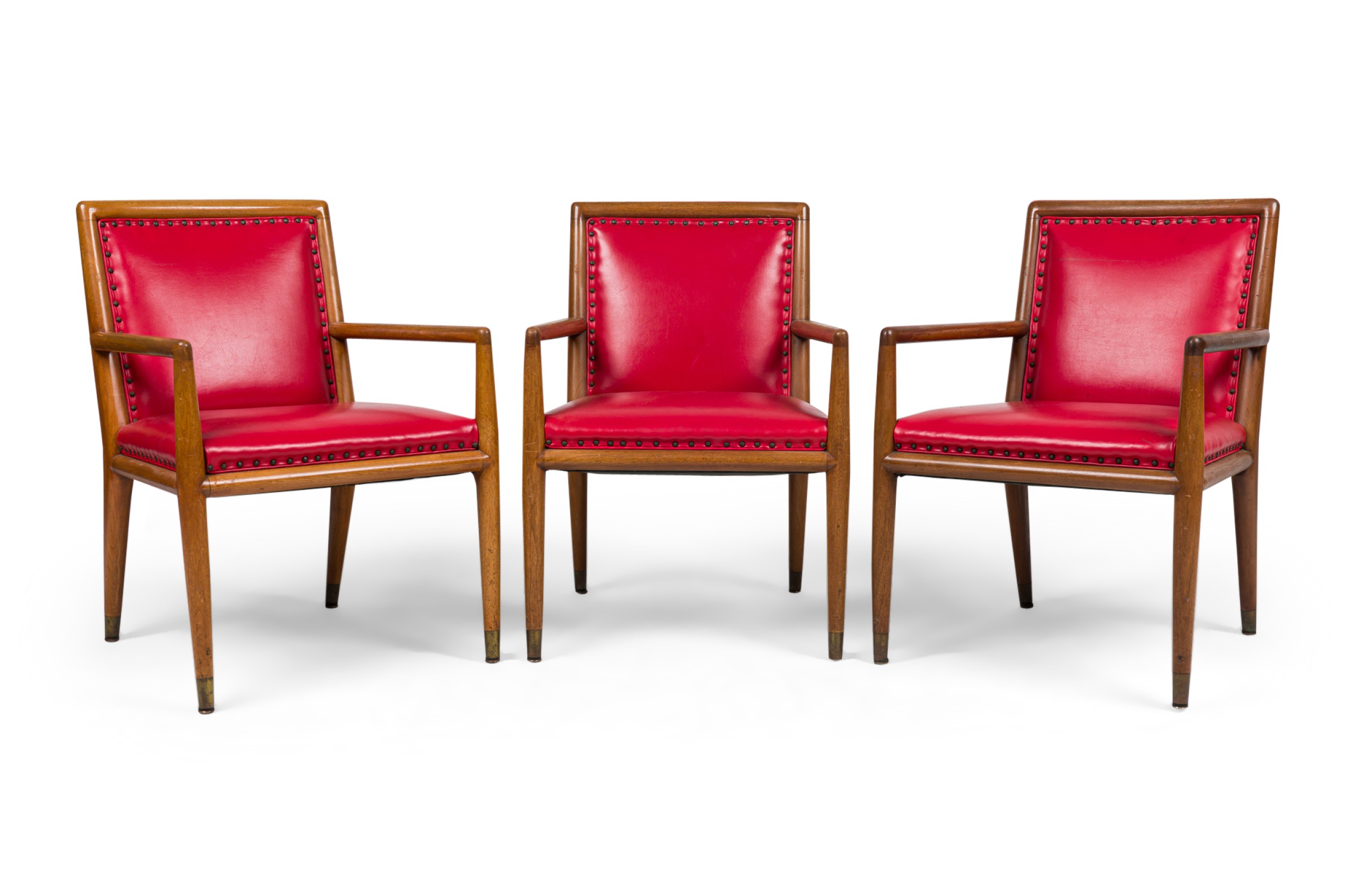 Set of 3 American Mid Century Walnut and Red Leather Armchairs 
