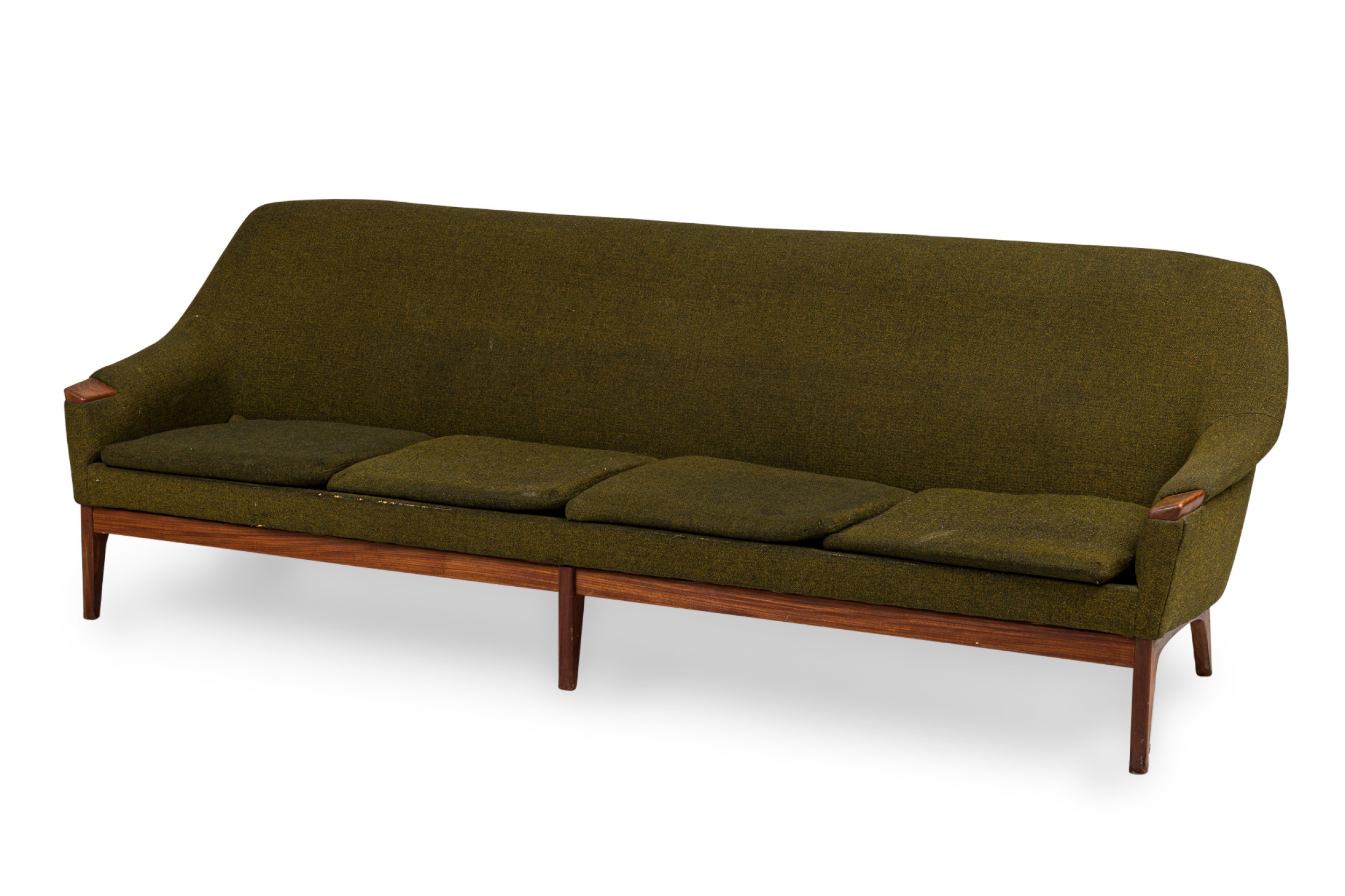 Danish Mid Century Style 4 Seat Green Woven Upholstery Sofa