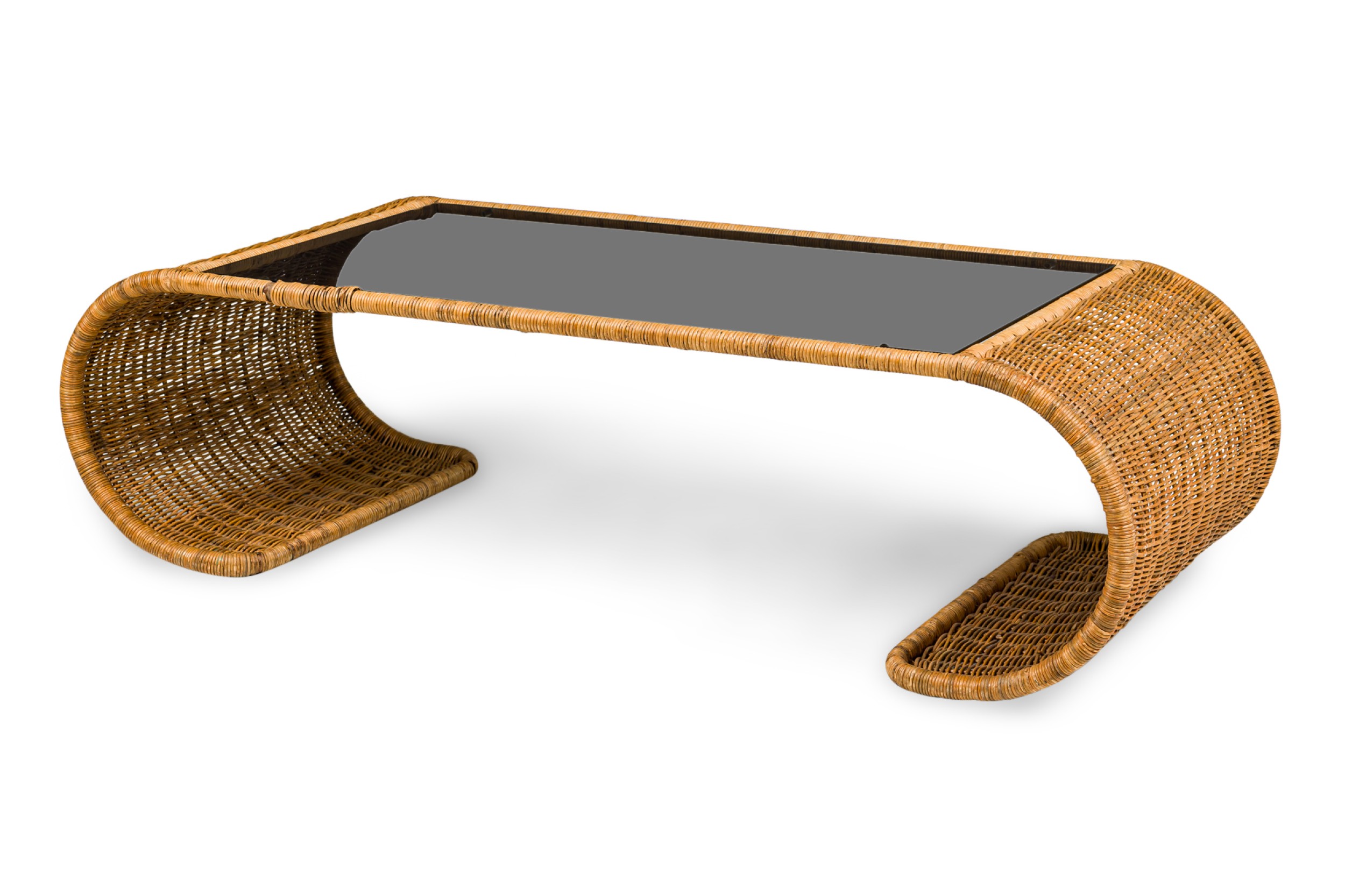 American Mid Century Smoked Glass and Wicker Waterfall Edged Cocktail Table 