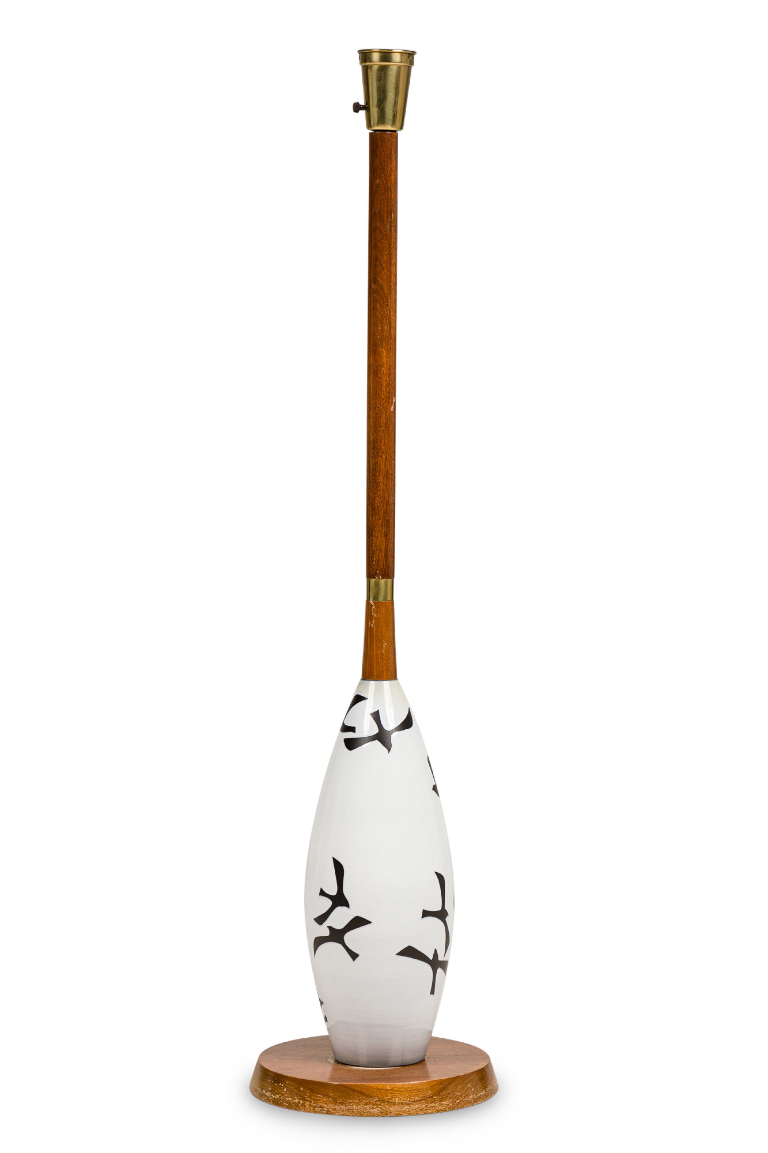 American Mid Century Milk Glass and Wooden Stem Floor Lamp 