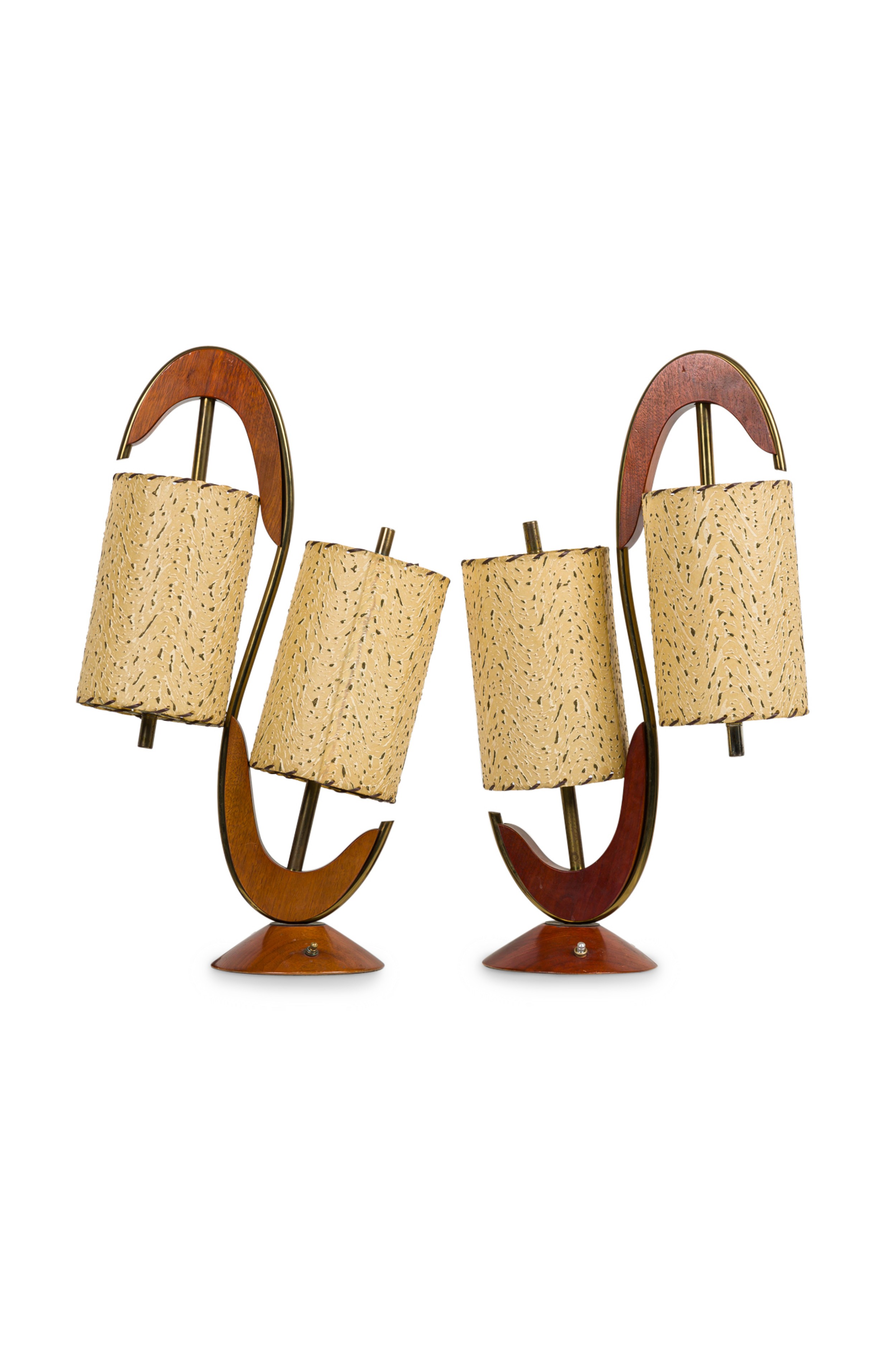 Pair of American Mid Century S Shaped Brass and Walnut Table Lamps  