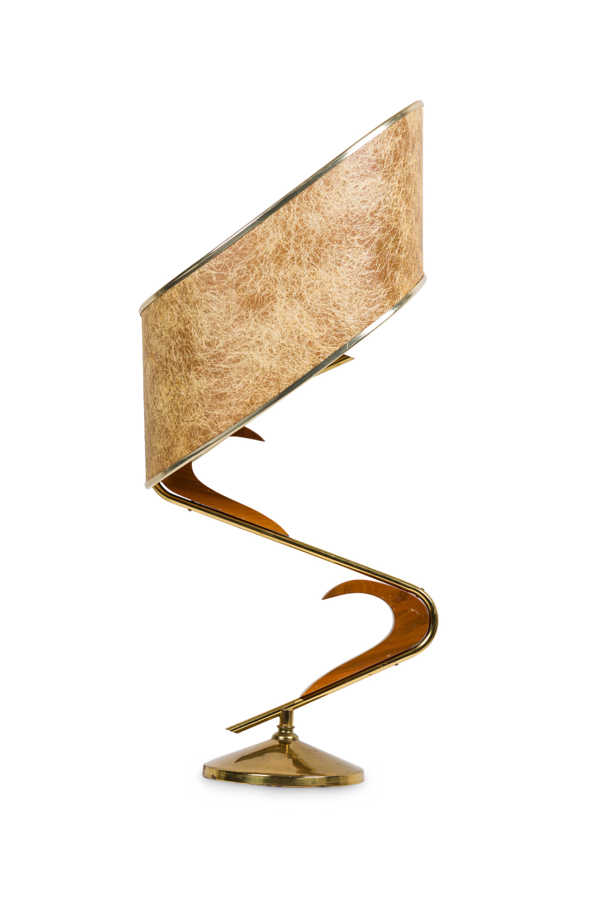 American Mid Century Brass and Walnut Spiral Table Lamp 