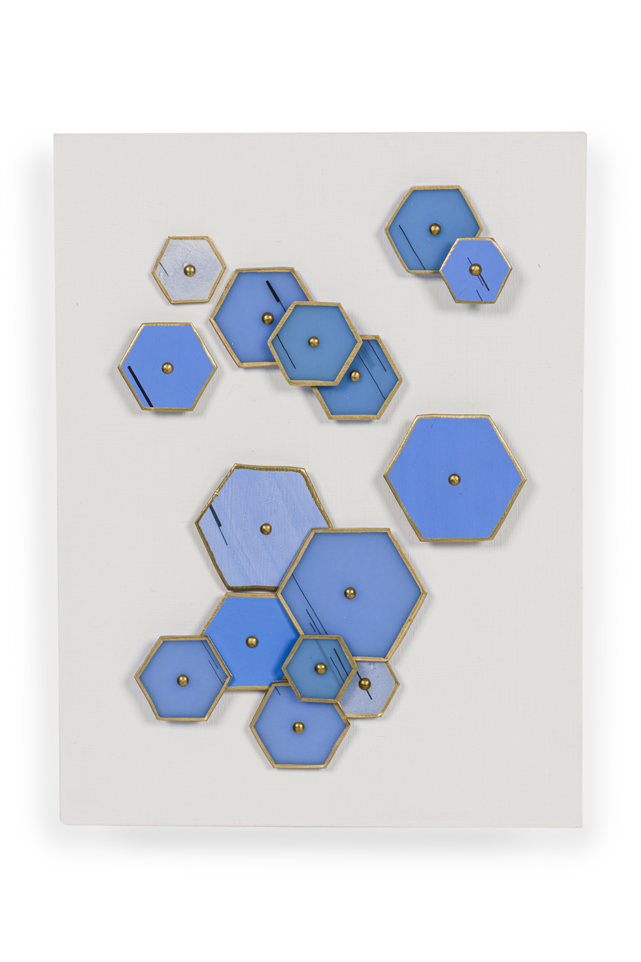 Natale Adgnot American Contemporary Mixed Media Wall Sculpture Titled Little Blue Hexagons
