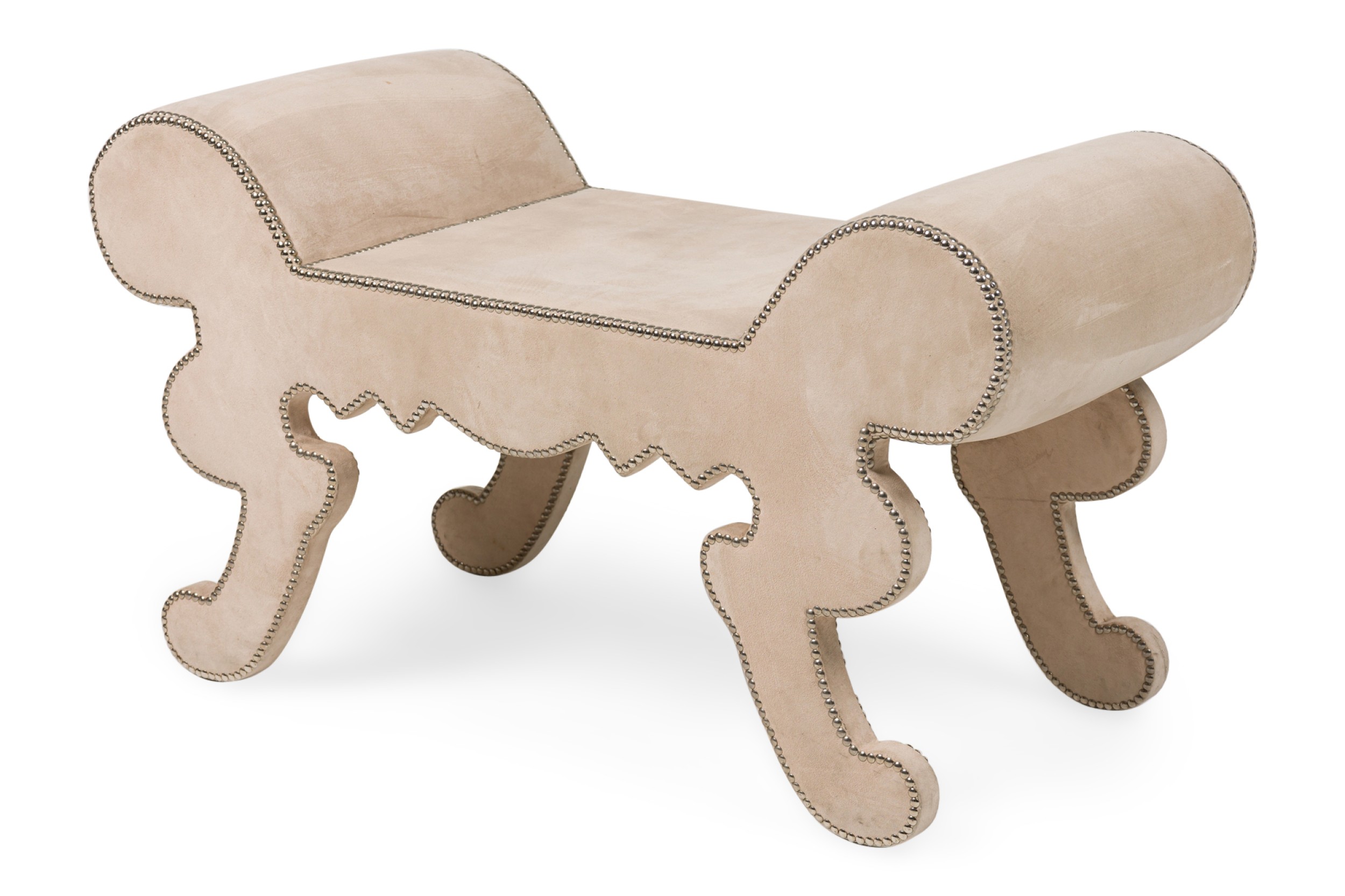 American contemporary suede bench with side arms 