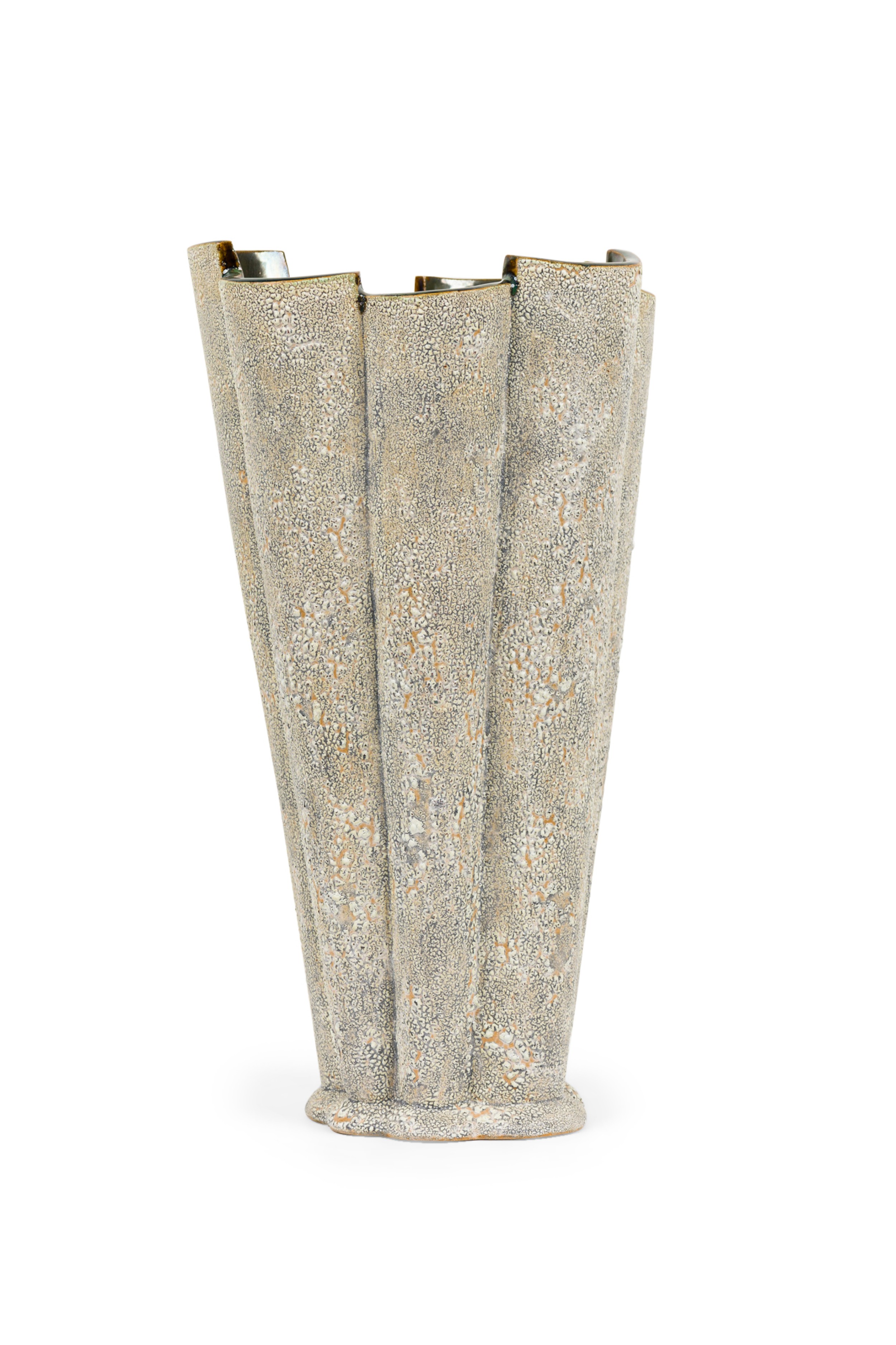 Contemporary Asymetrical Lobed Vase with White Bark Texture and Black Interior