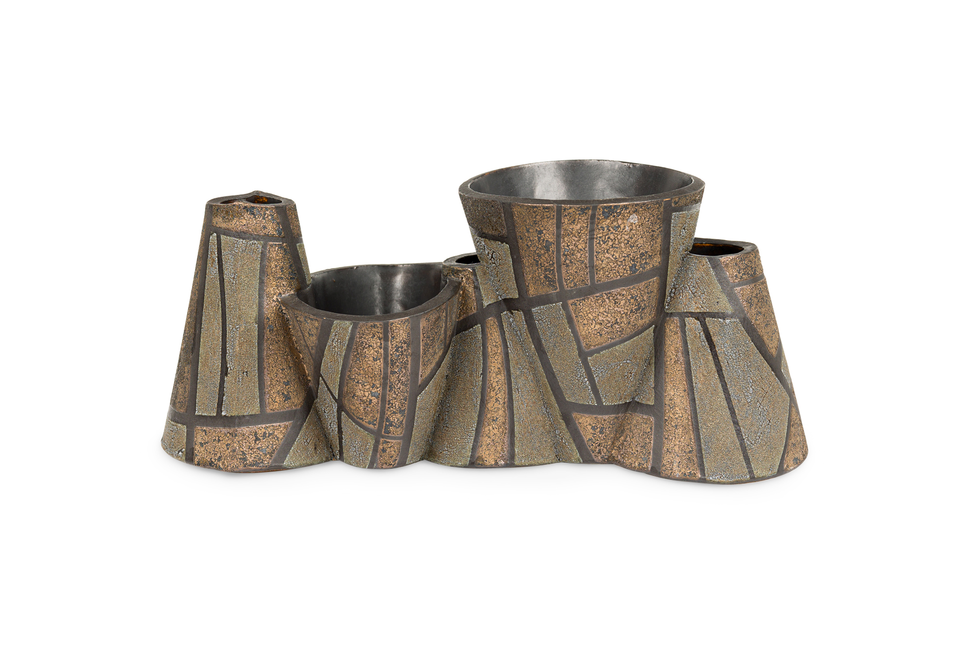 Gary DiPasquale Contemporary Elongated Multi Asymmetrical Vessel in Black Grey and Bronze Geometric Pattern with Black Interior