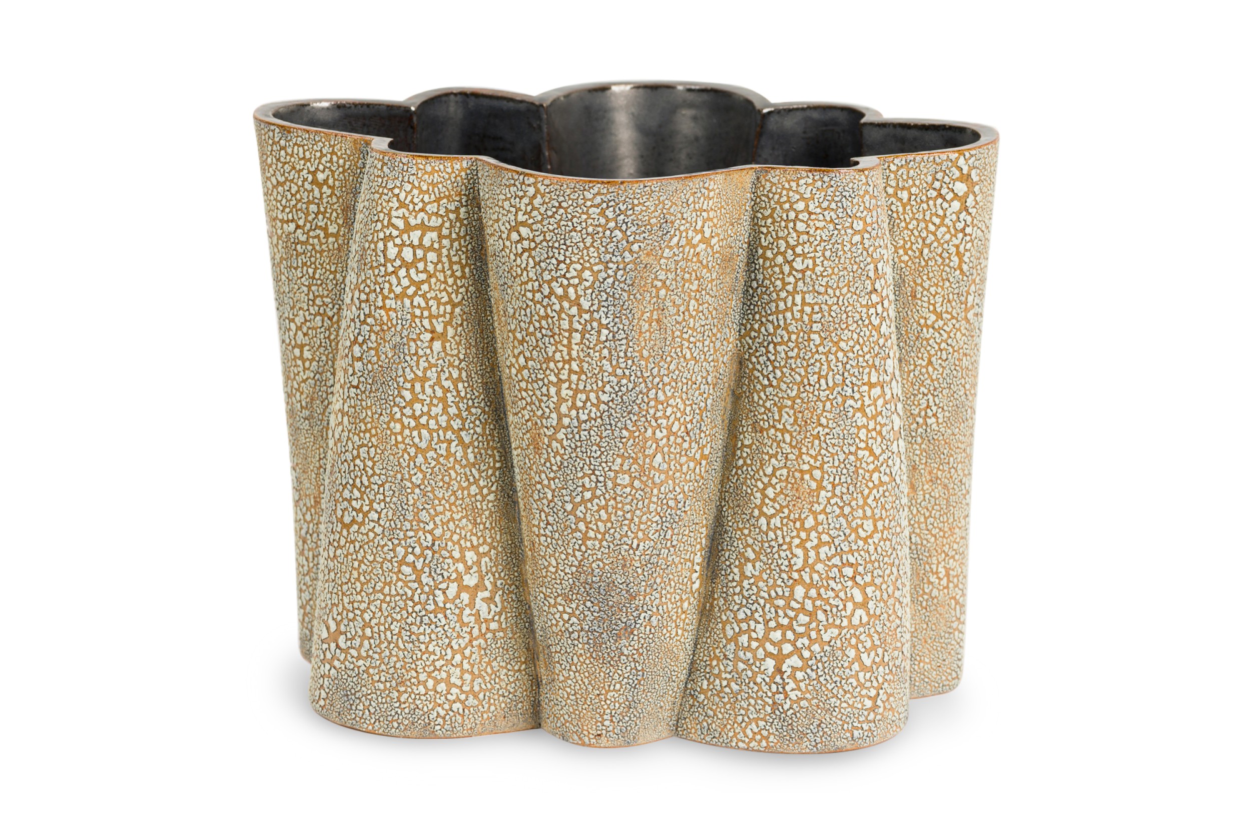 Gary DiPasquale Contemporary Lobed 8 Sided Vessel with White Bark Textured Exterior and Black Interior