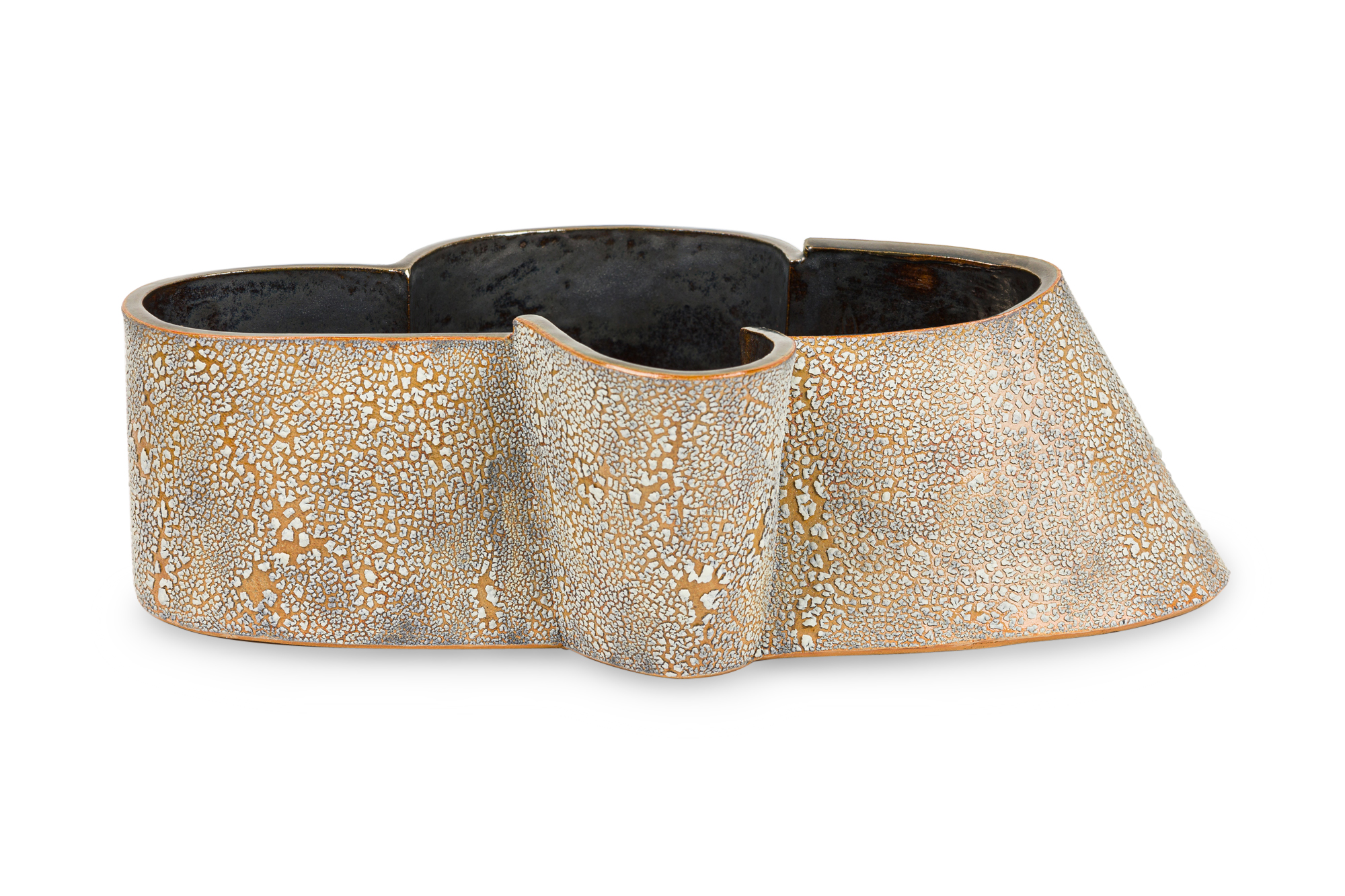 Gary DiPasquale Contemporary Asymmetrical Elongated vessel in White Bark Textured Exterior and Black Interior