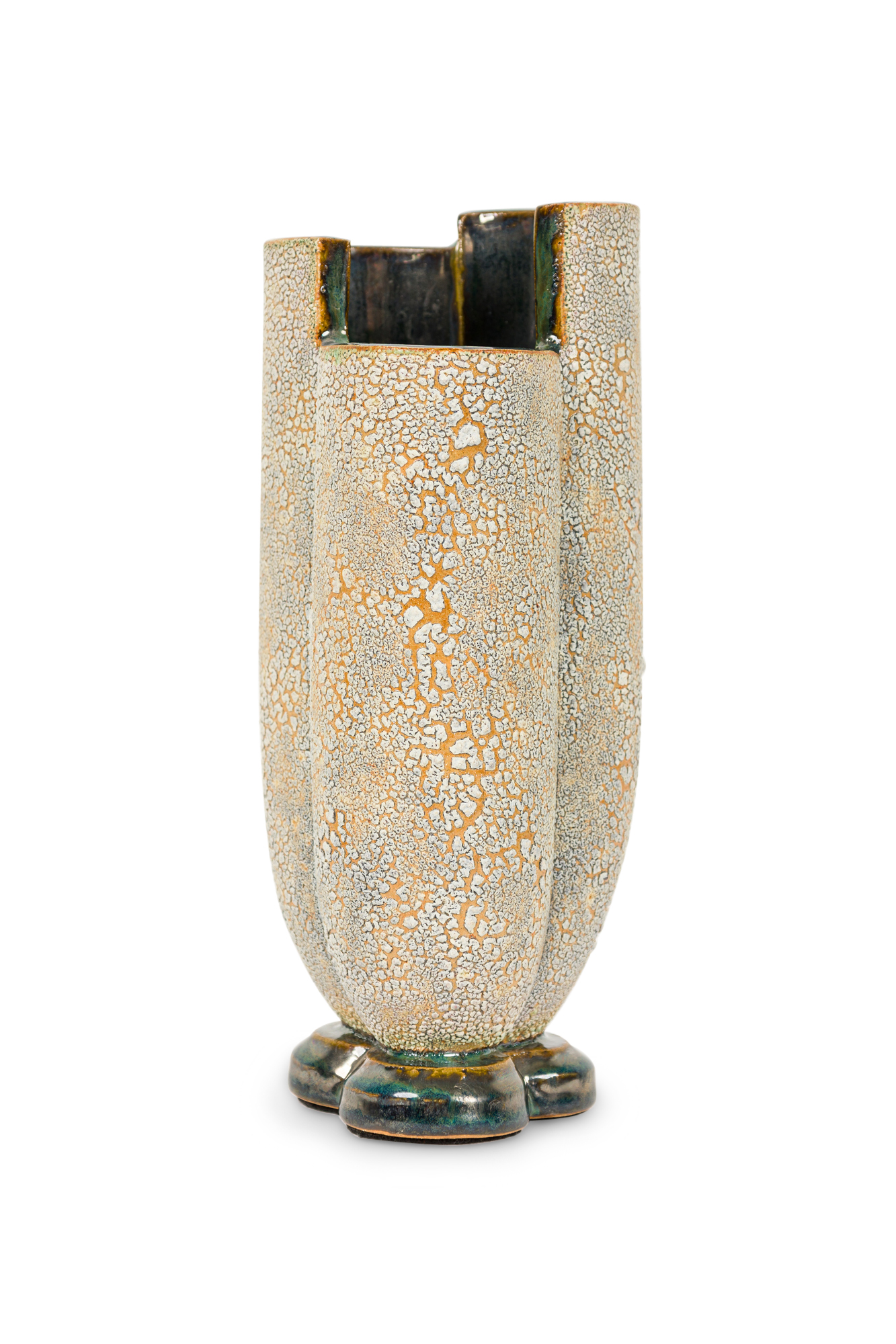 Gary DiPasquale Contemporary Short Lobed and Footed Vase with White Bark textured Exterior and Black Metallic Foot with Black Interior