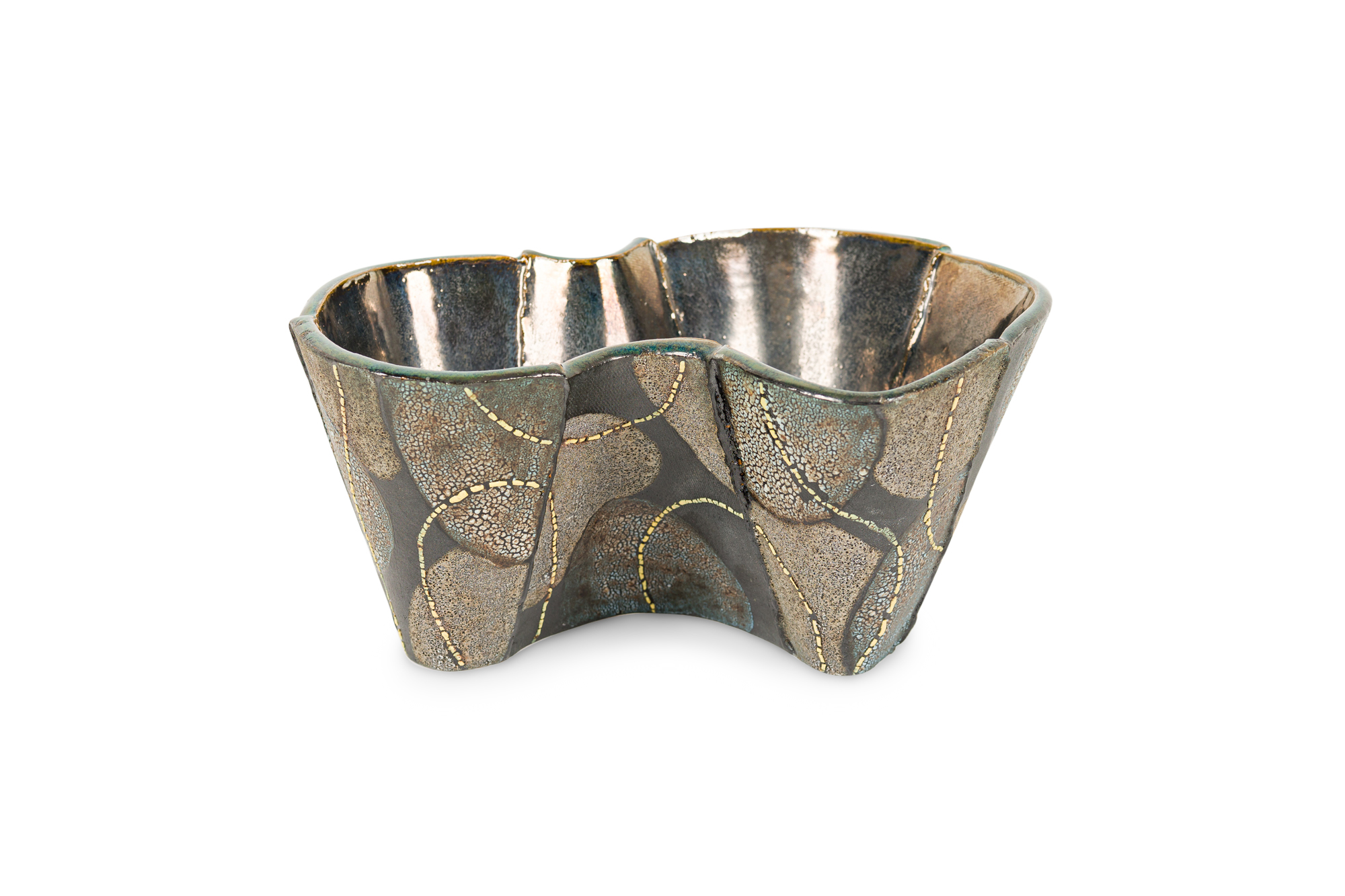 Gary DiPasquale Contemporary Low Asymmetrical Wavy Vessel with Black White and Grey Textured Glaze and Abstract Yellow Lines