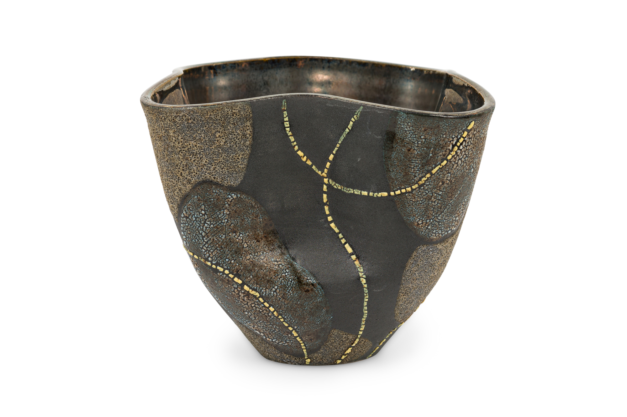 Gary DiPasquale Contemporary Wheel Thrown vessel with Black White Grey texture Glaze and Abstract Yellow Lines