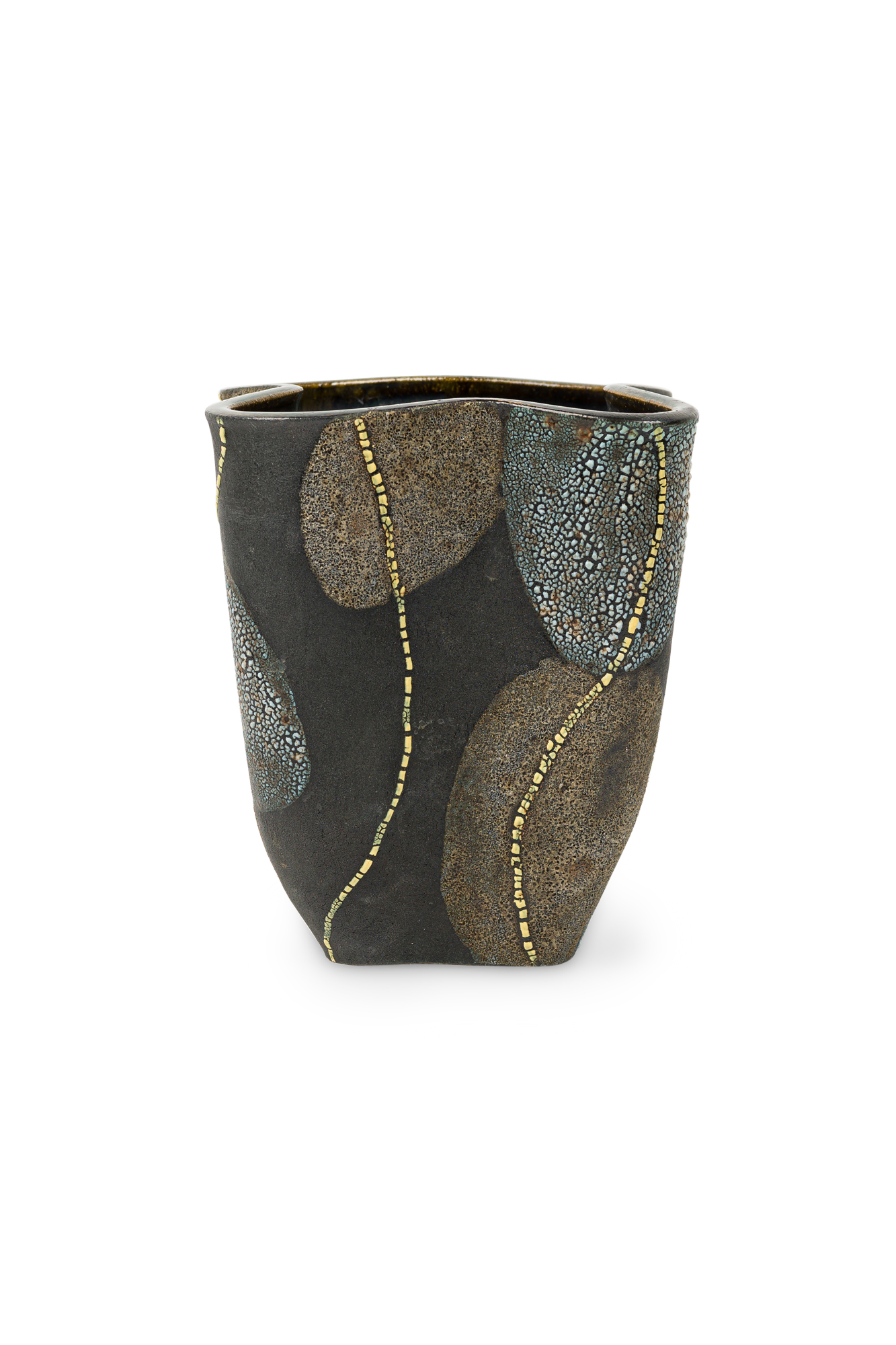 Gary DiPasquale Contemporary Wheel Thrown Vessel in Black White Grey textured Glaze and Abstract Yellow Lines