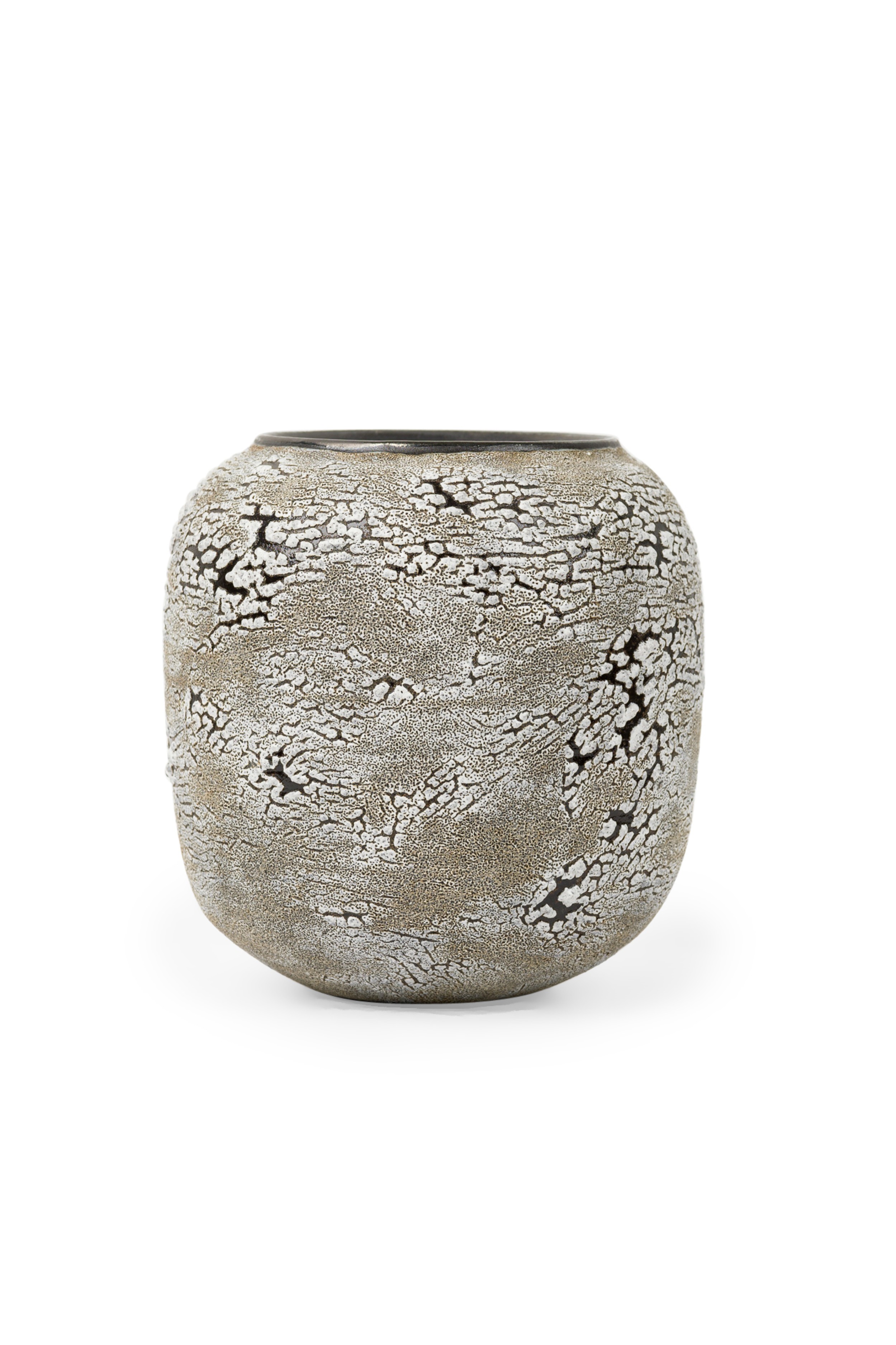 Gary DiPasquale Contemporary Black and White Bark Textured Barrel Vase with Black Interior