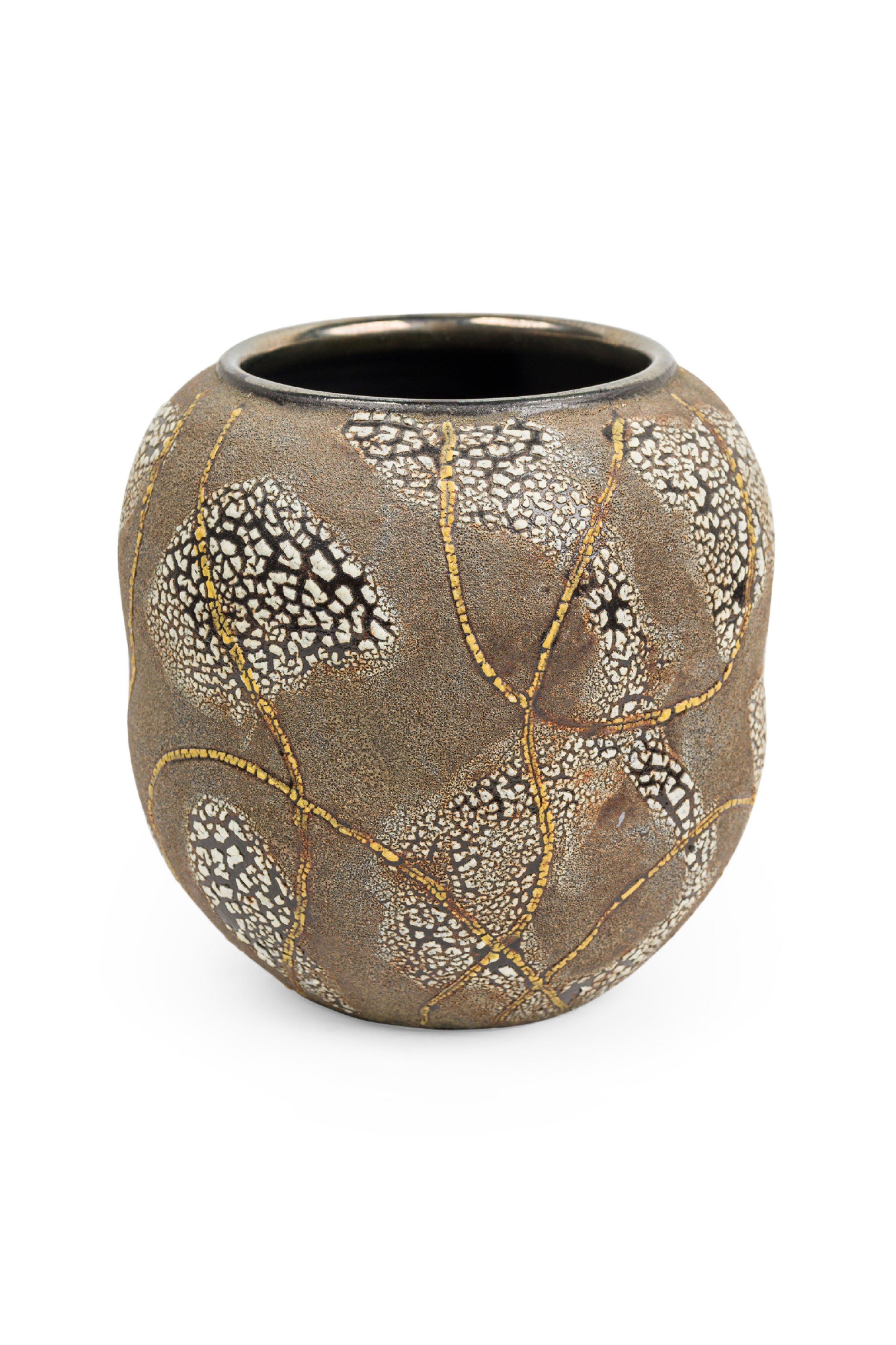 Gary DiPasquale Contemporary Grey Brown Textured Gourd Vase with White Bark and yellow Abstract Lines