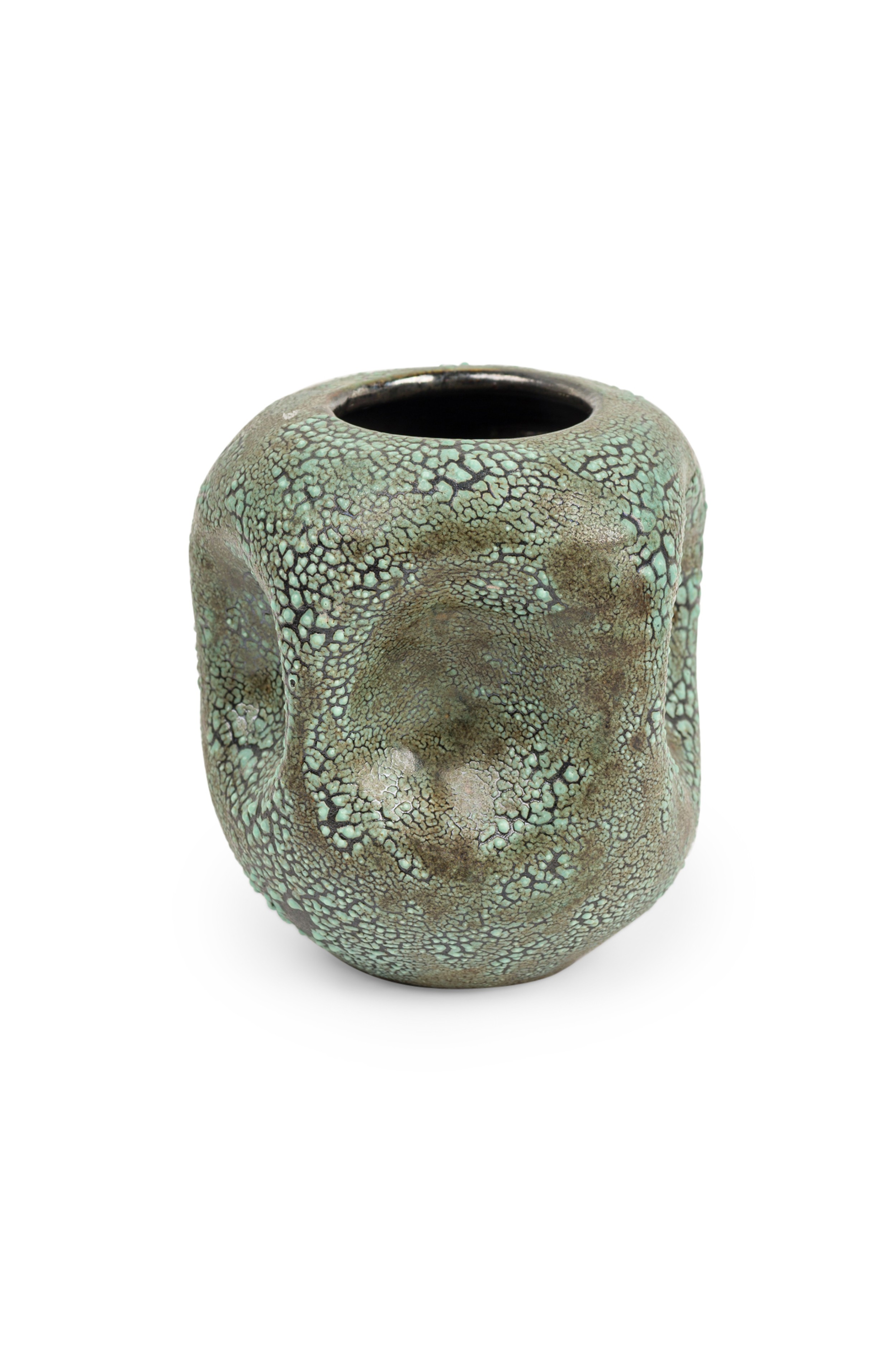 Gary DiPasquale Contemporary Green Bark Textured Vase with Indented Sides and Black Interior
