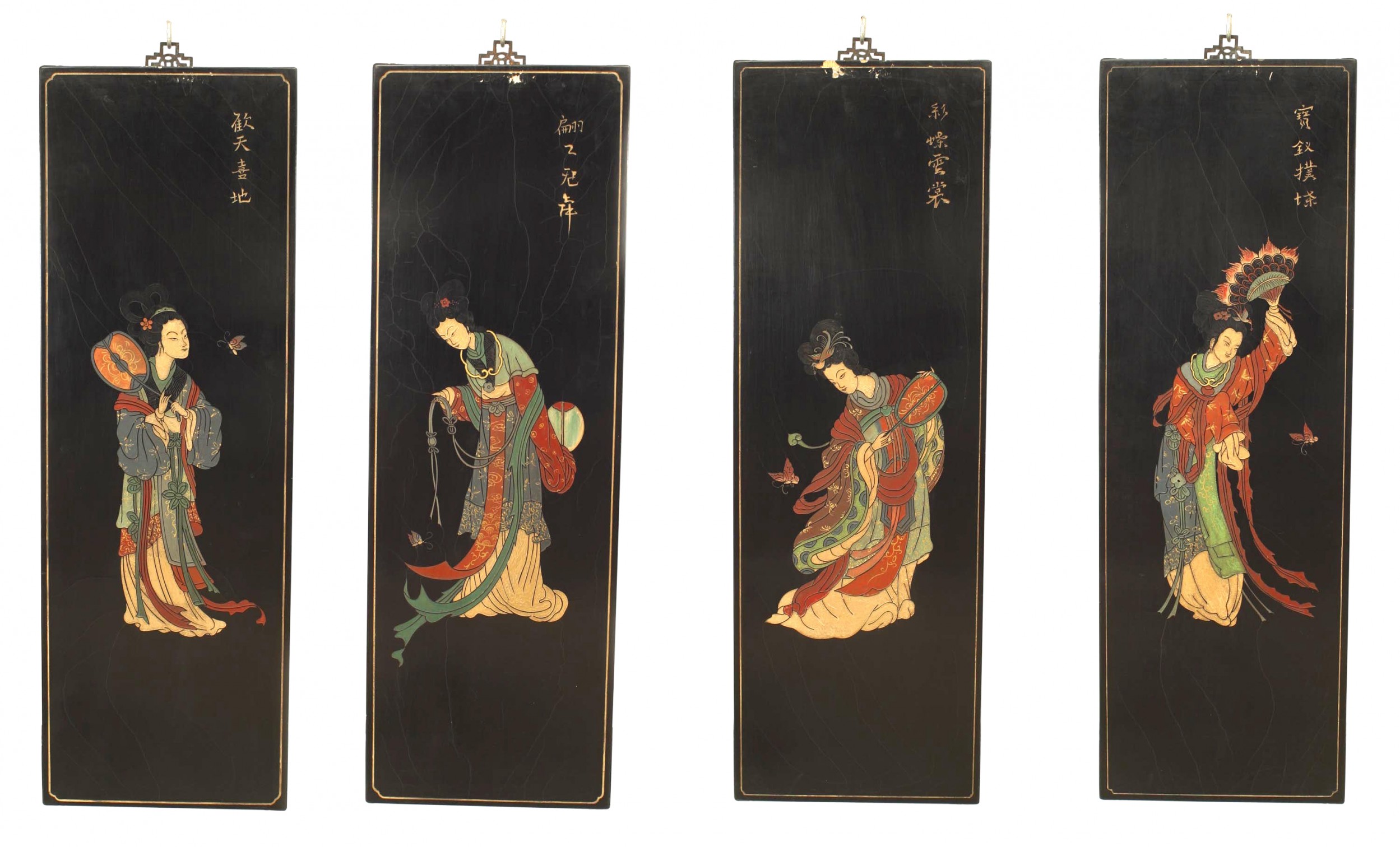 Chinese black lacquer geisha screen panels