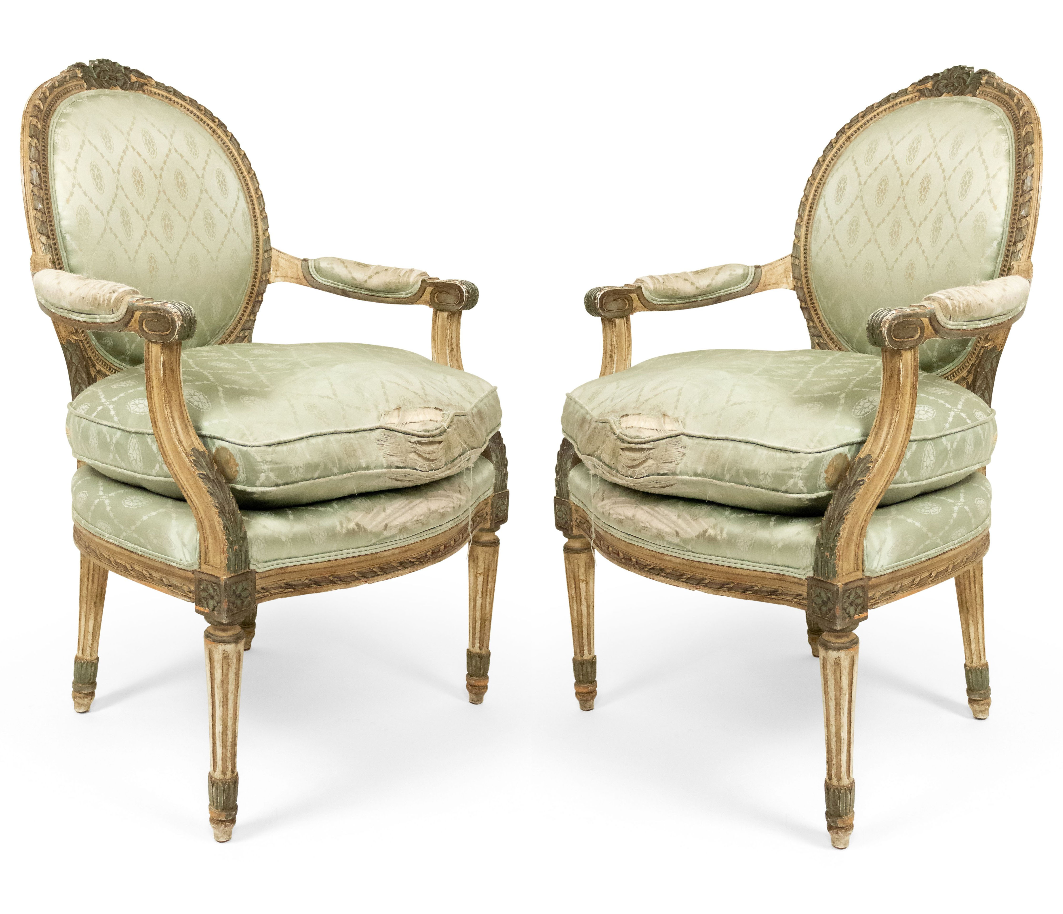 French louis xvi green silk arm chairs