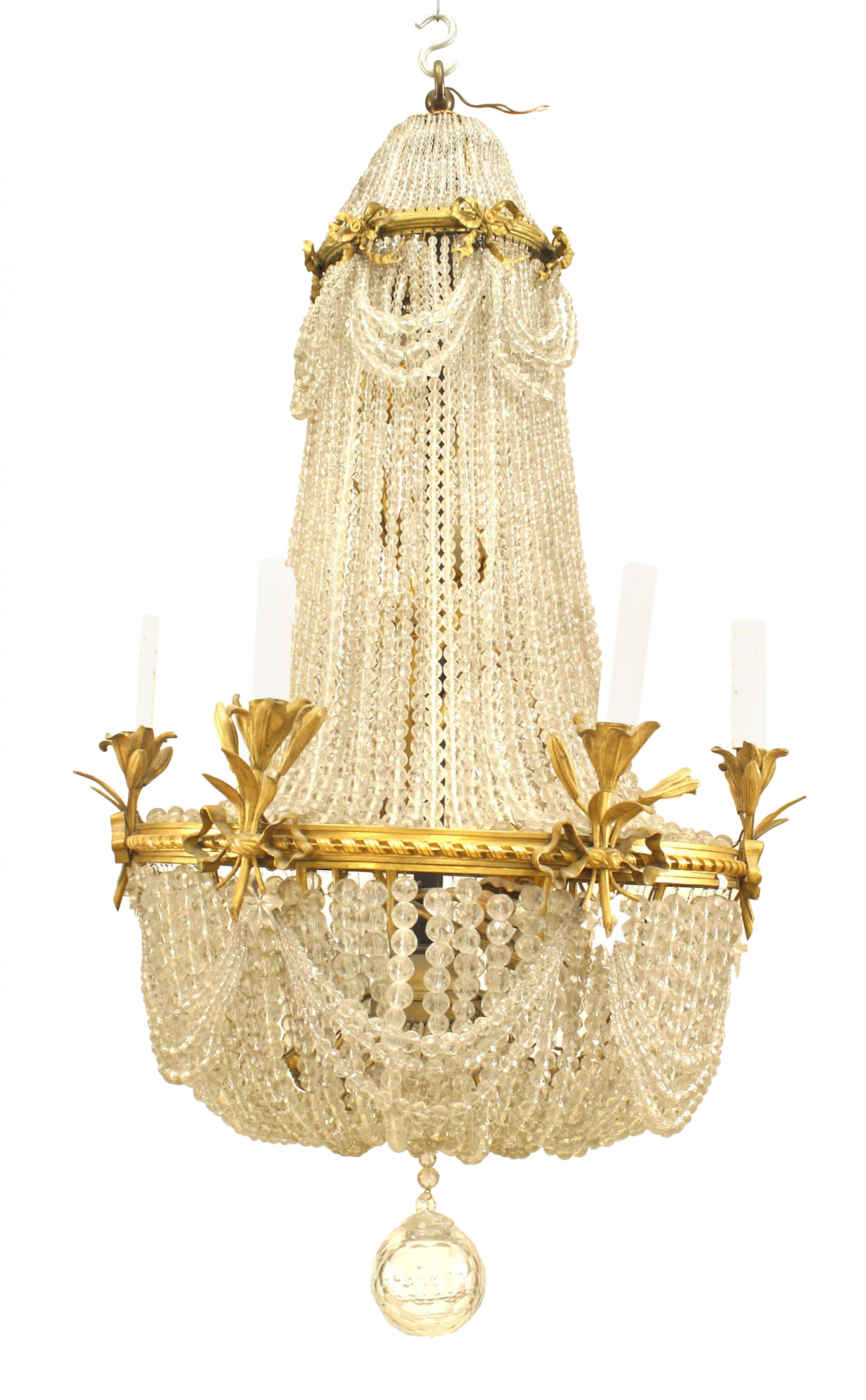 French victorian beaded crystal and brass chandelier