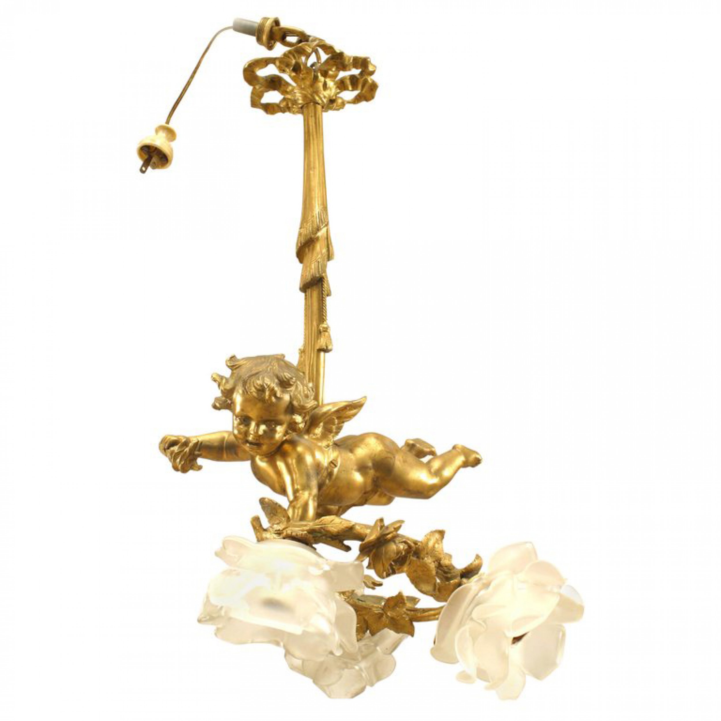 French victorian gilt bronze and glass flower chandelier