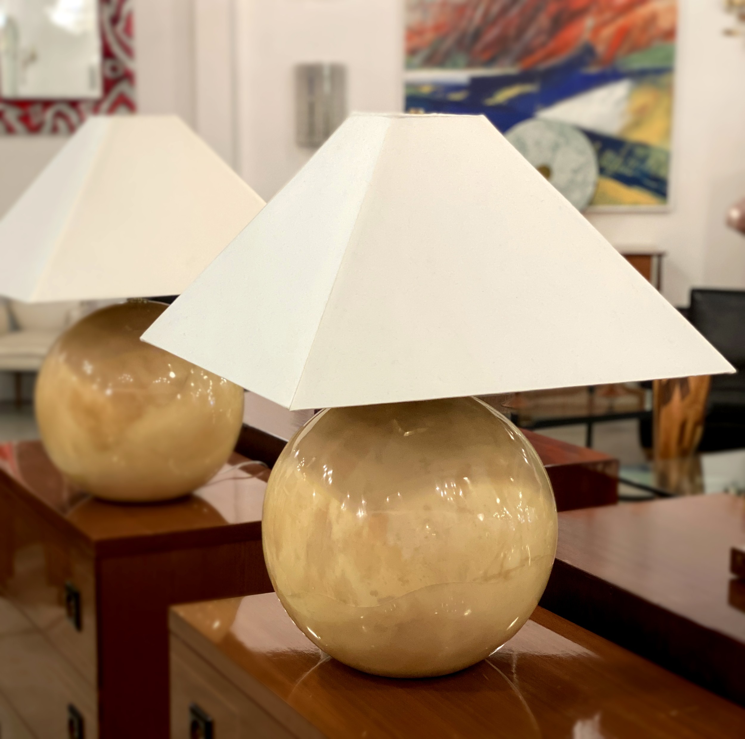 Pair of karl springer modern citron goatskin sphere table lamps rec