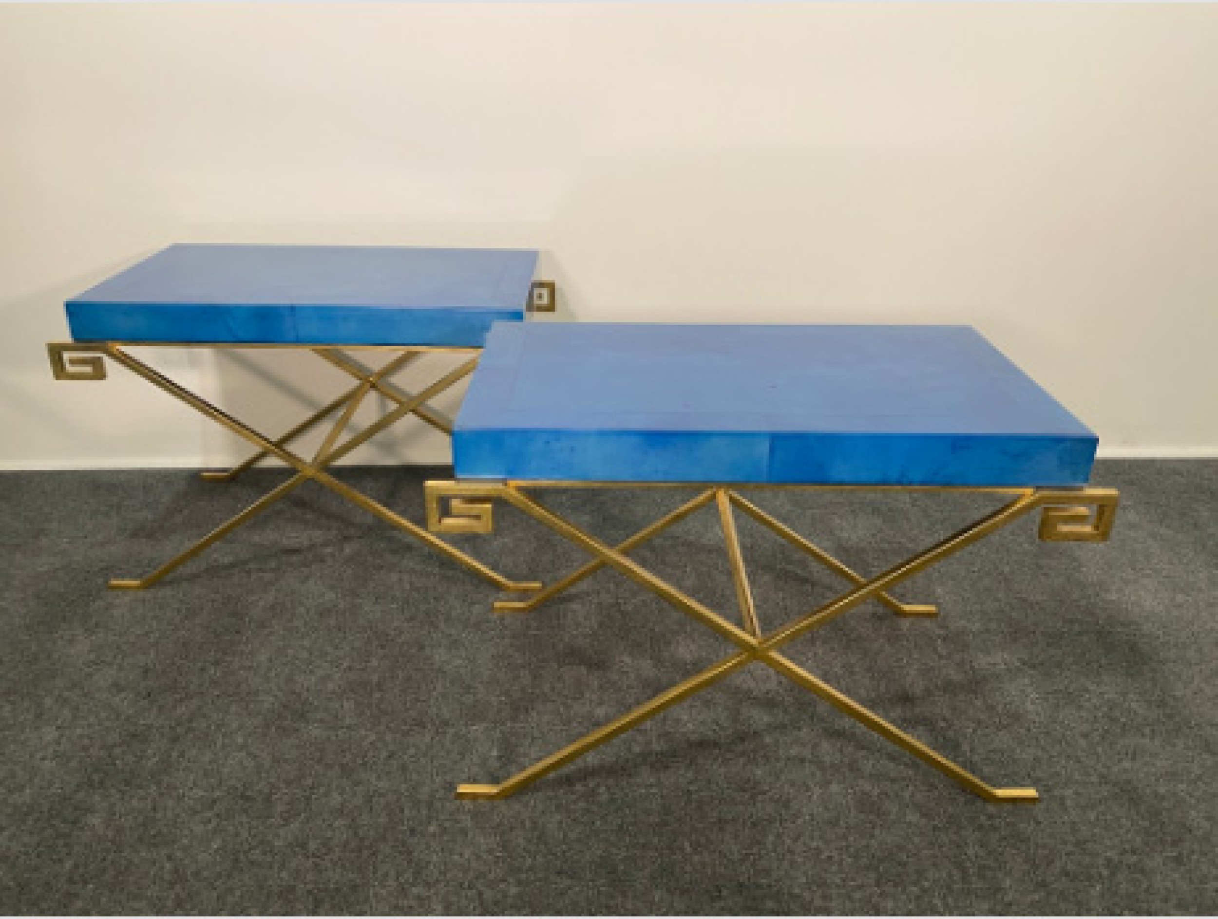 Pair of karl springer ltd mid century american jmf greek key tables w lapis goatskin tops