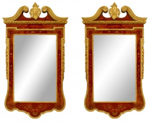 English georgian chinoiserie red lacquered wall mirrors
