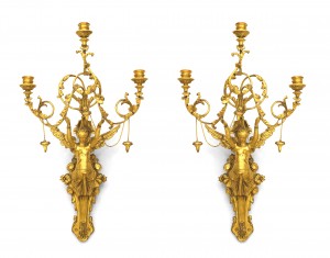 Pair of italian neoclassic empire gilt wood wall sconces 1