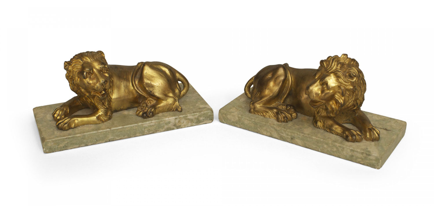 Pair italian renaissance small gilt bronze lions