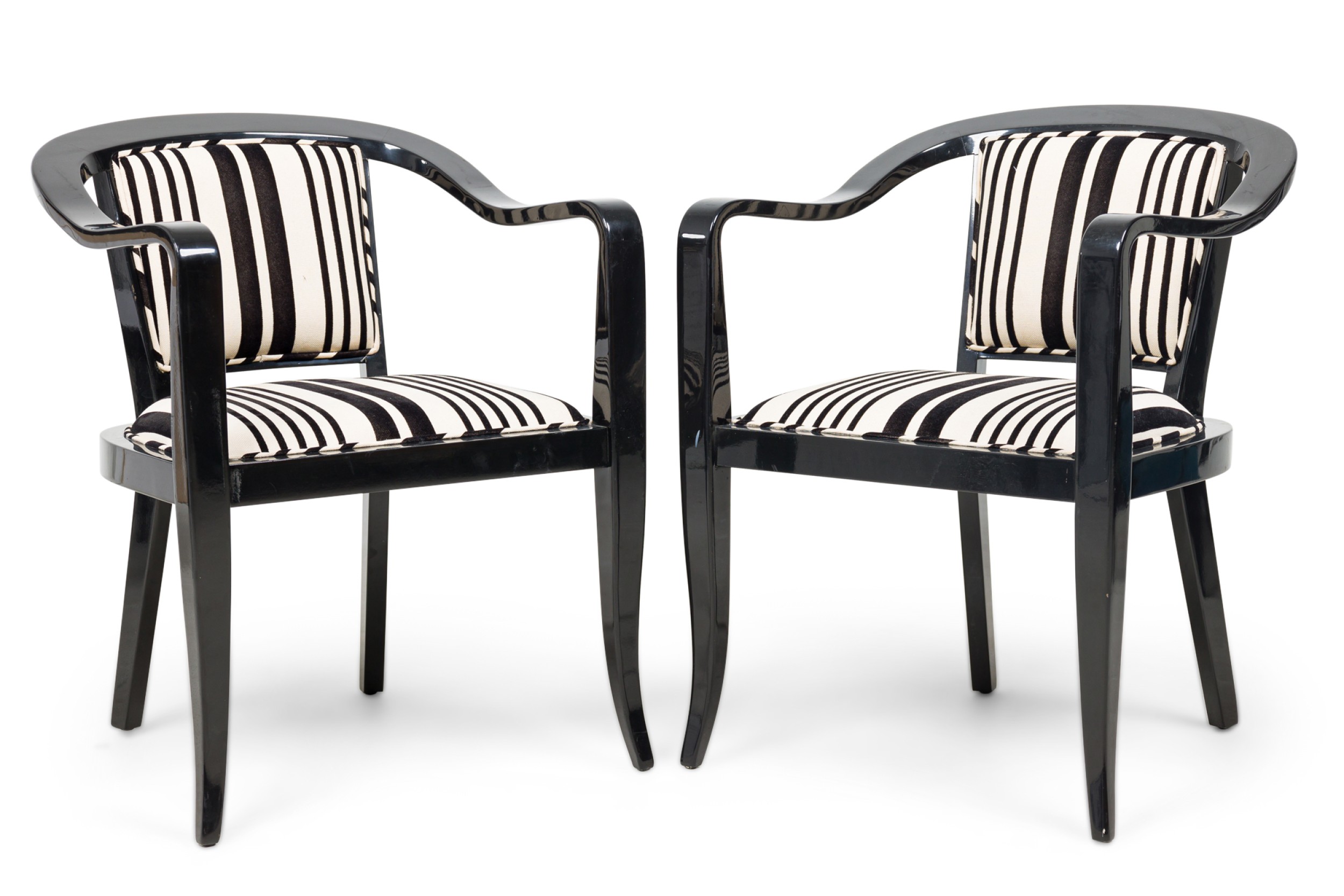 Set of 5 american mid century ed wormley ebonized with striped upholstery armchair  