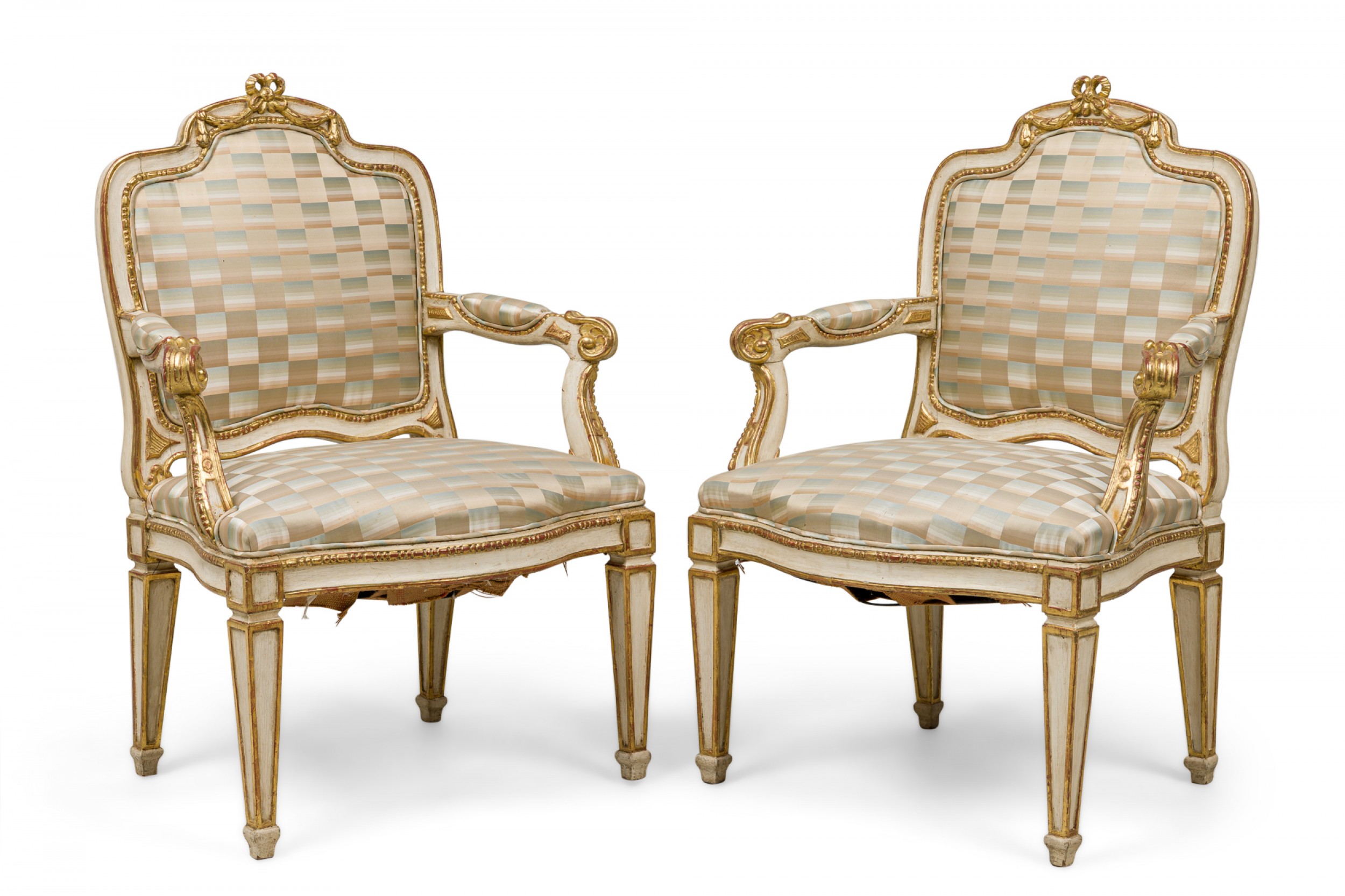 Pair of swedish neo classic cream painted parcel gilt armchairs