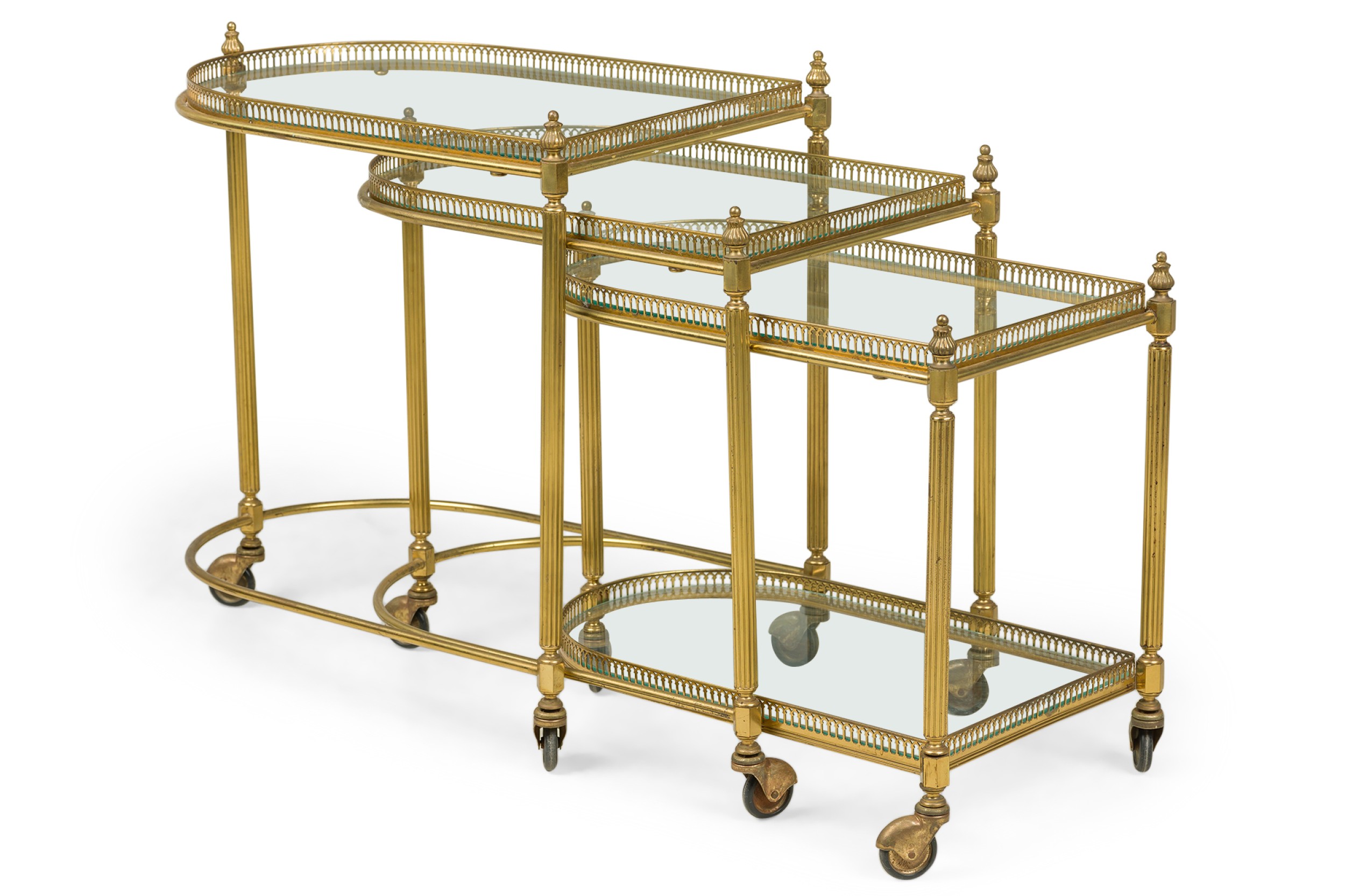 Set of 3 maison jansen mid century french brass rolling nesting tables