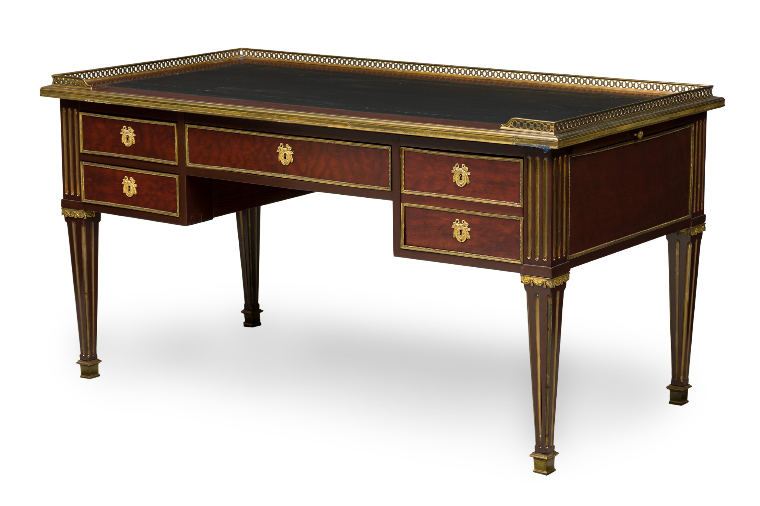 French directoire mahogany and brass inlaid leather top desk
