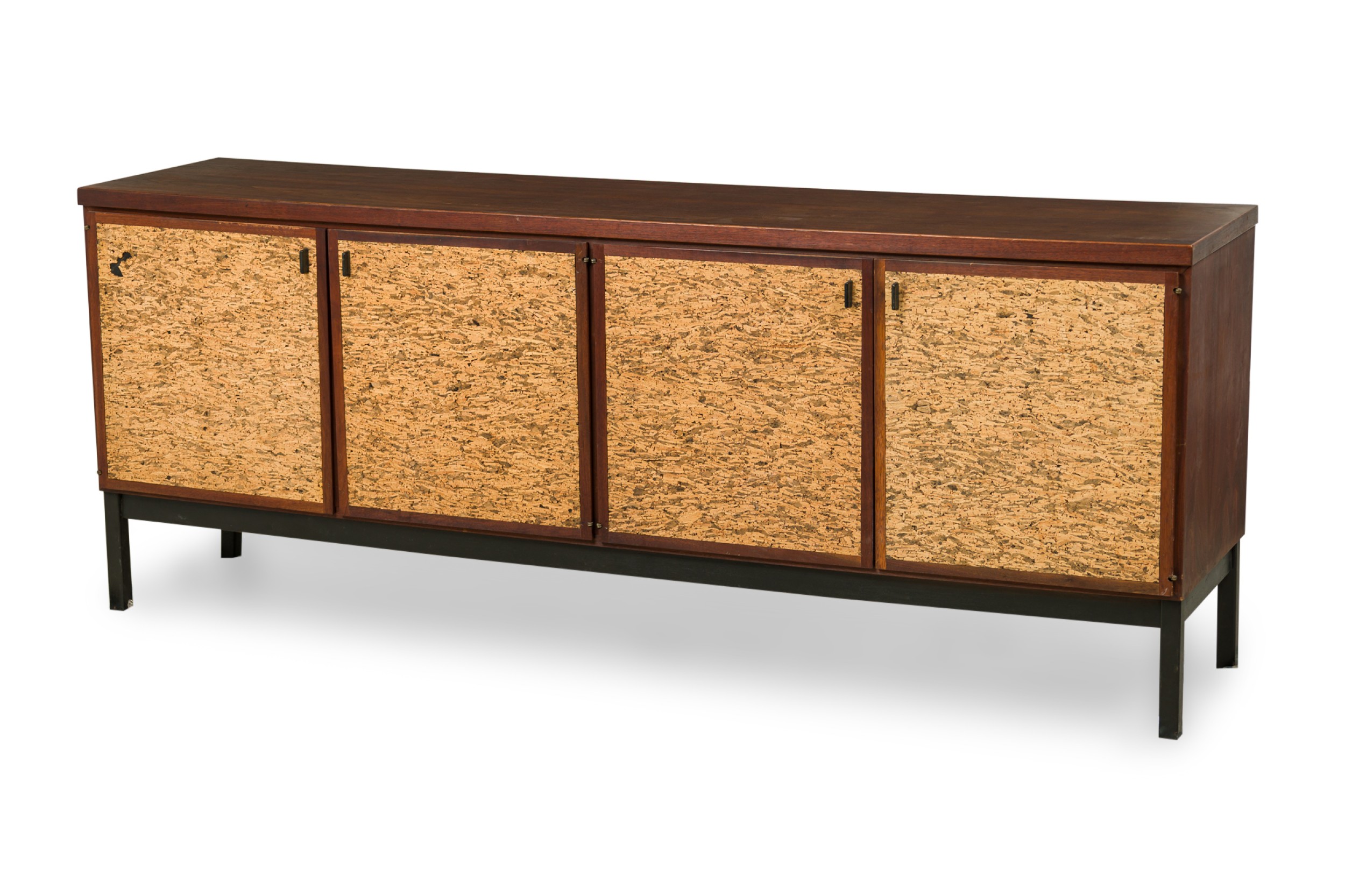 Mid century italian modern mahogany and cork 4 door credenza buffet