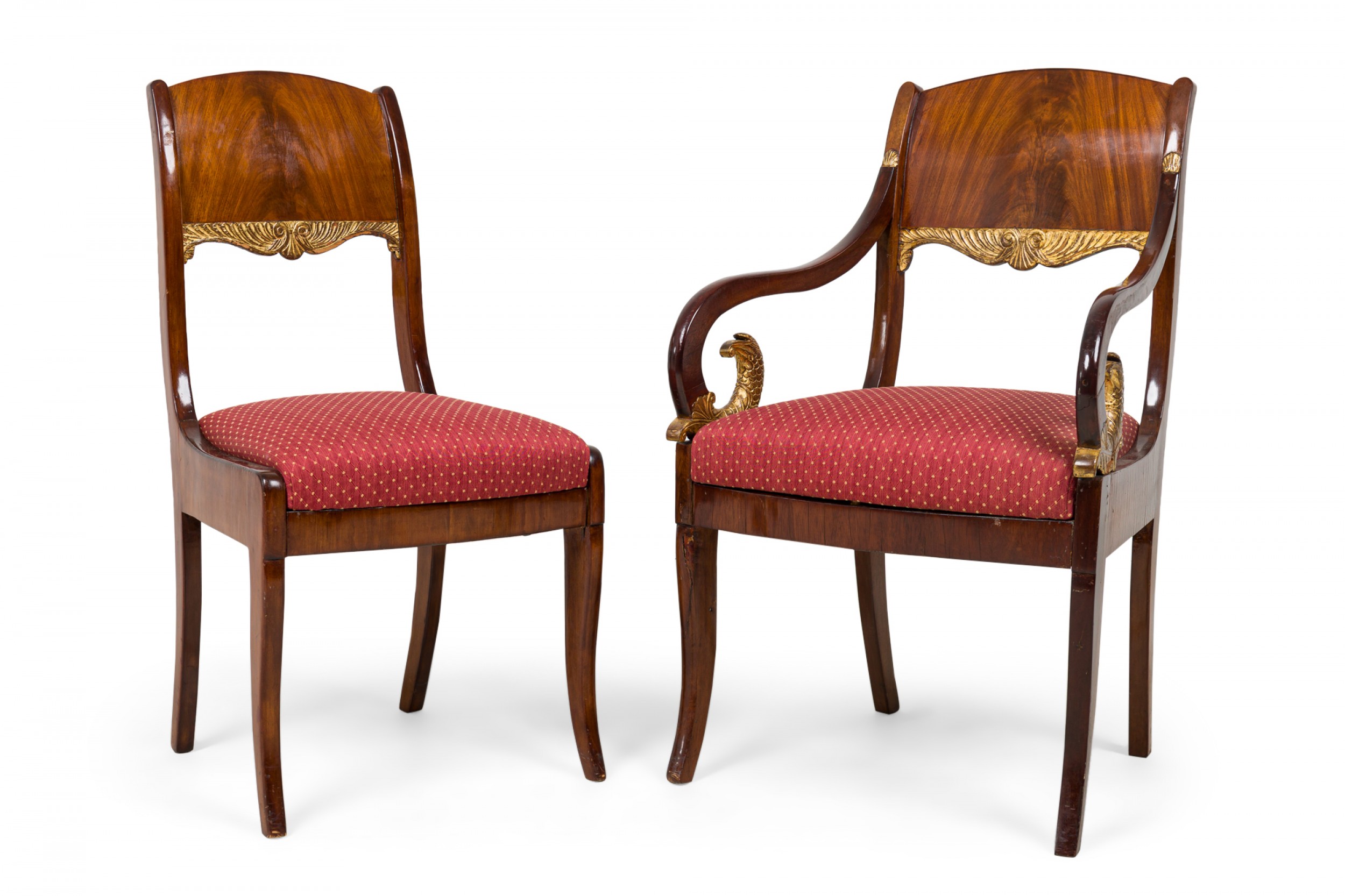 Set of 8 russian neo classical mahogany parcel gilt red upholstered dining chairs