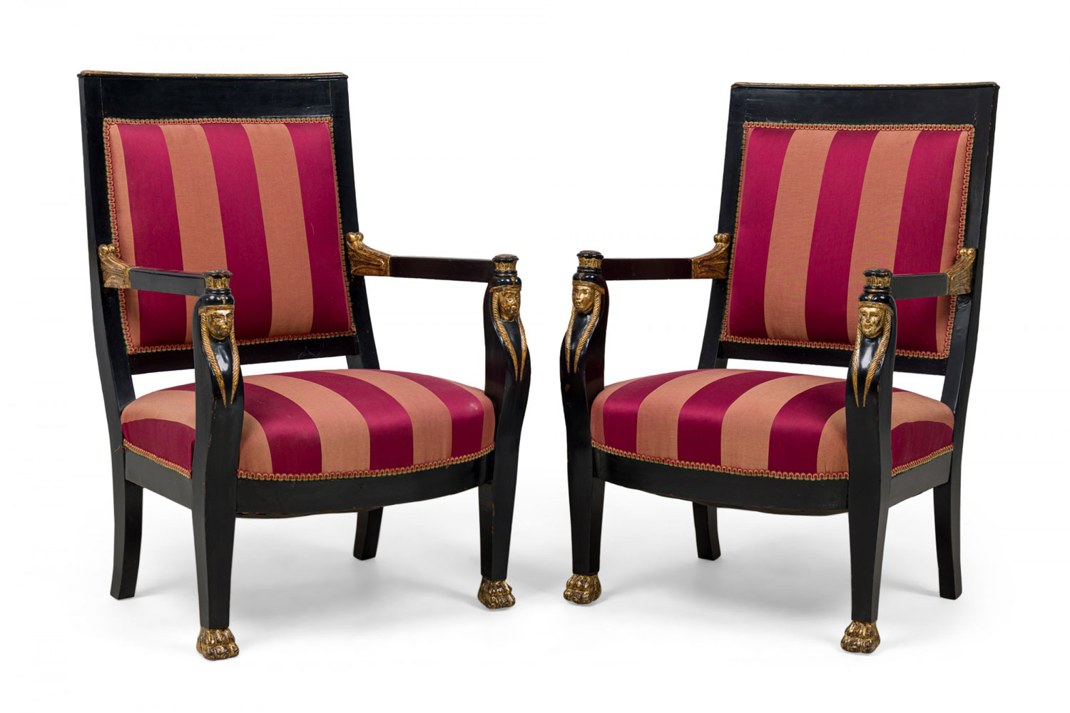 Pair of italian neo classic ebonized and parcel gilt red upholstered armchairs