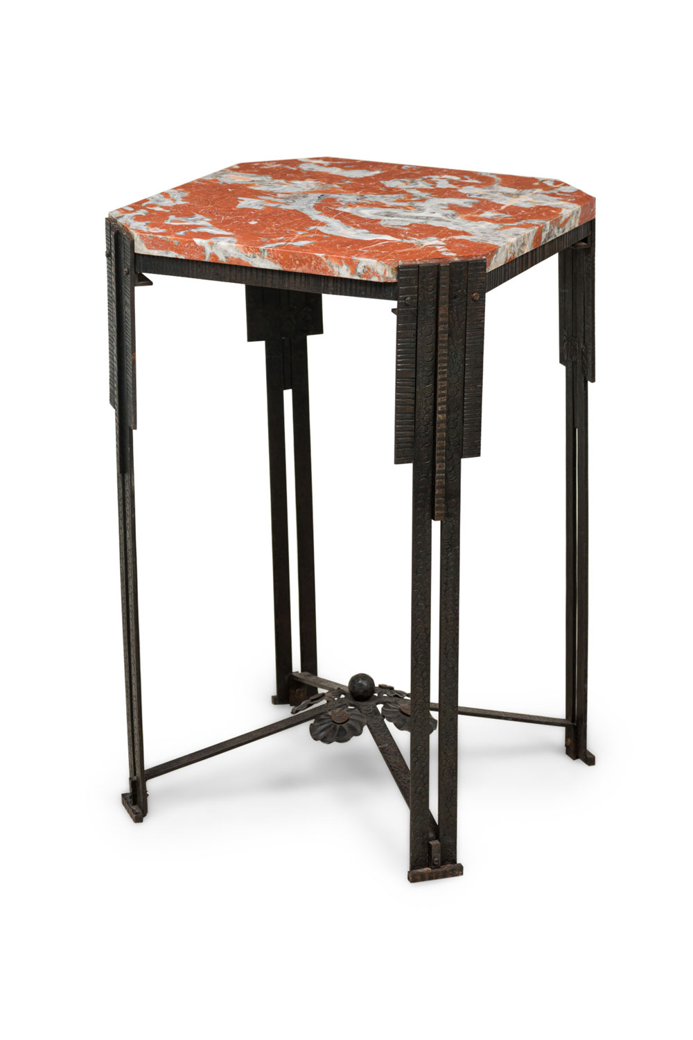 Art deco french hammered steel and blush marble top table