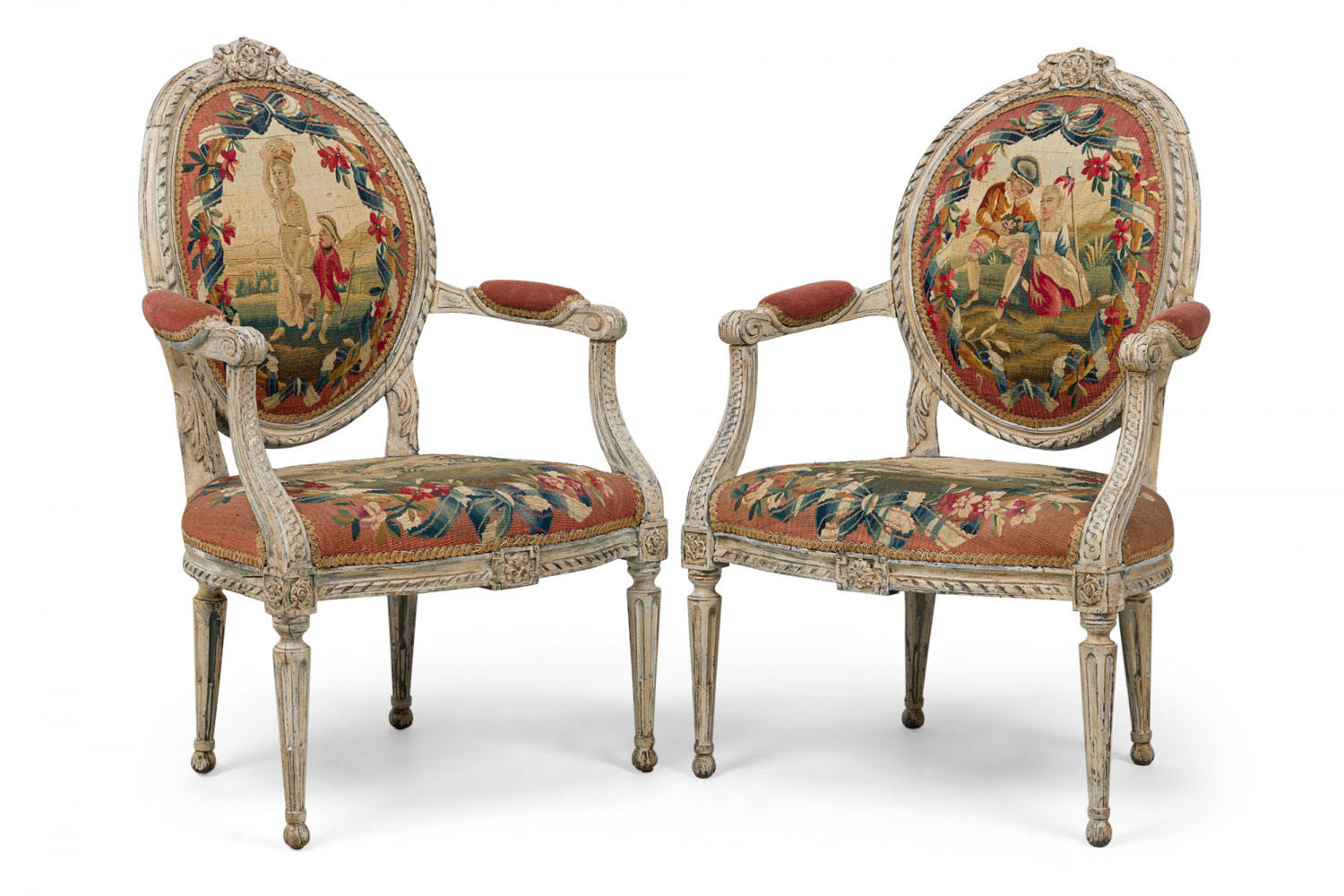 Pair of swedish neo classic painted tapestry upholstered armchairs