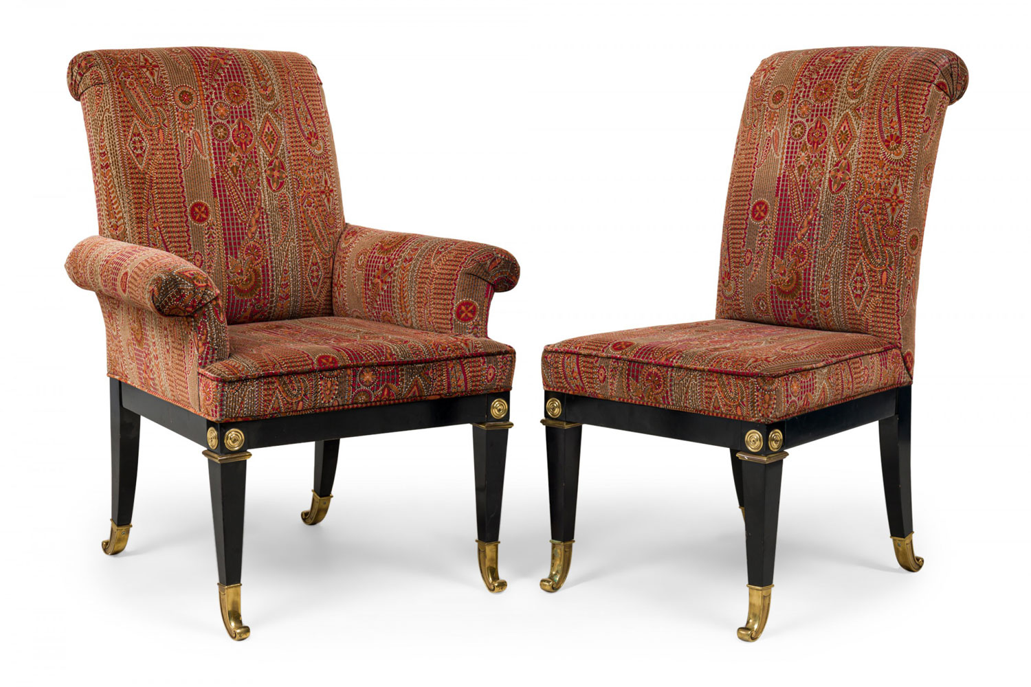 Set of 8 russian neo classic style lacquered bronze mounted and red upholstered dining chairs