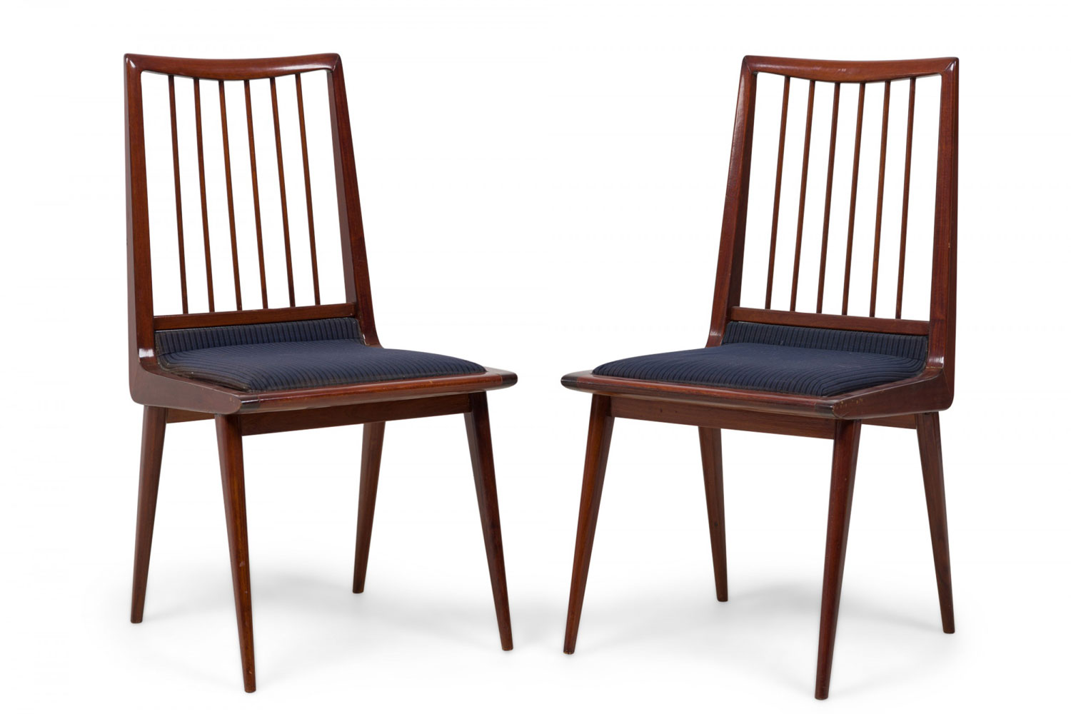Pair of Mid Century textured blue stripe upholstered side side chairs
